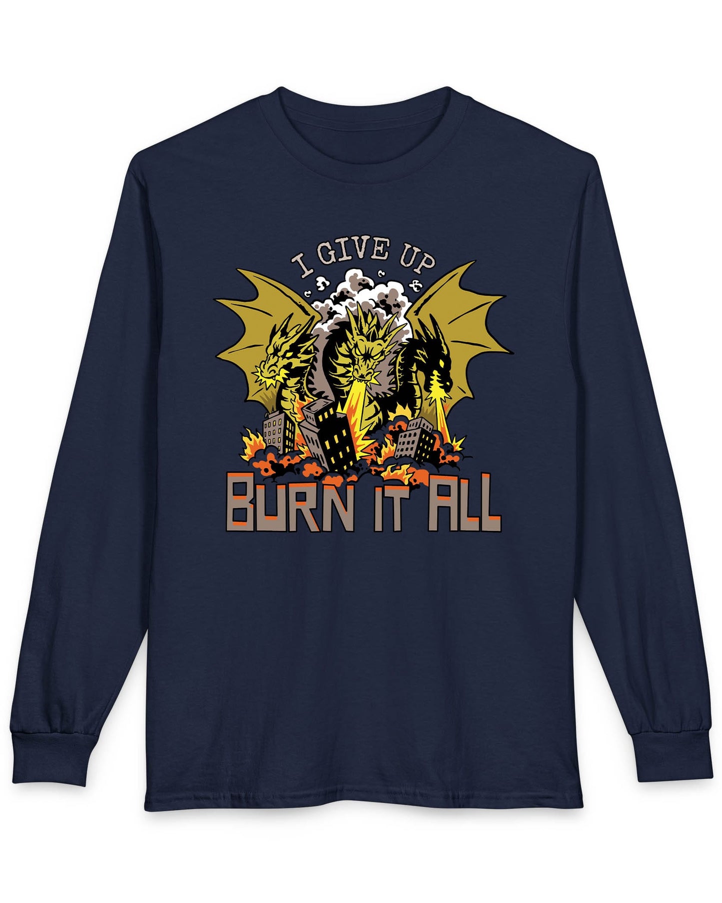 Burn It All shirt in navy featuring a three-headed dragon breathing fire and destroying a city