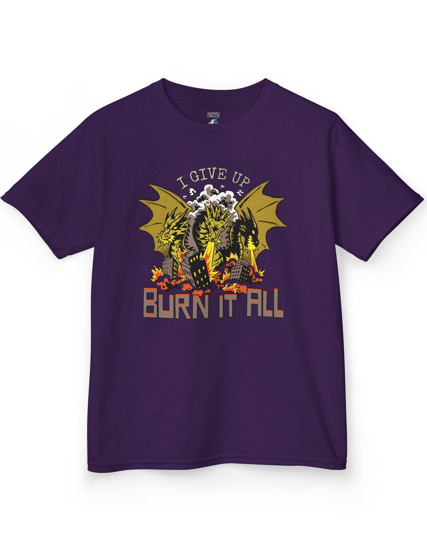 Burn It All shirt in purple featuring a three-headed dragon breathing fire and destroying a city