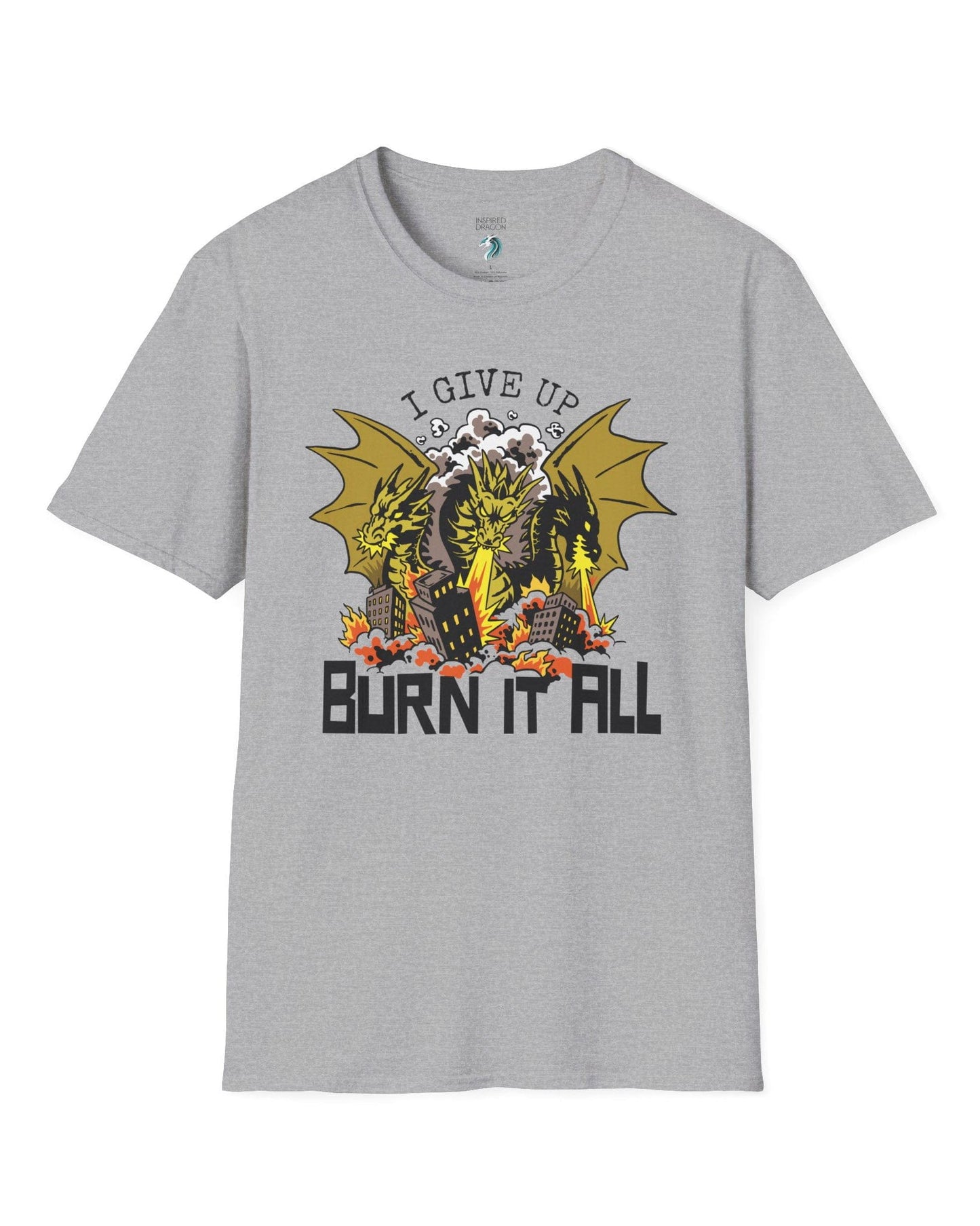 Burn It All shirt in sport grey featuring a three-headed dragon breathing fire and destroying a city.