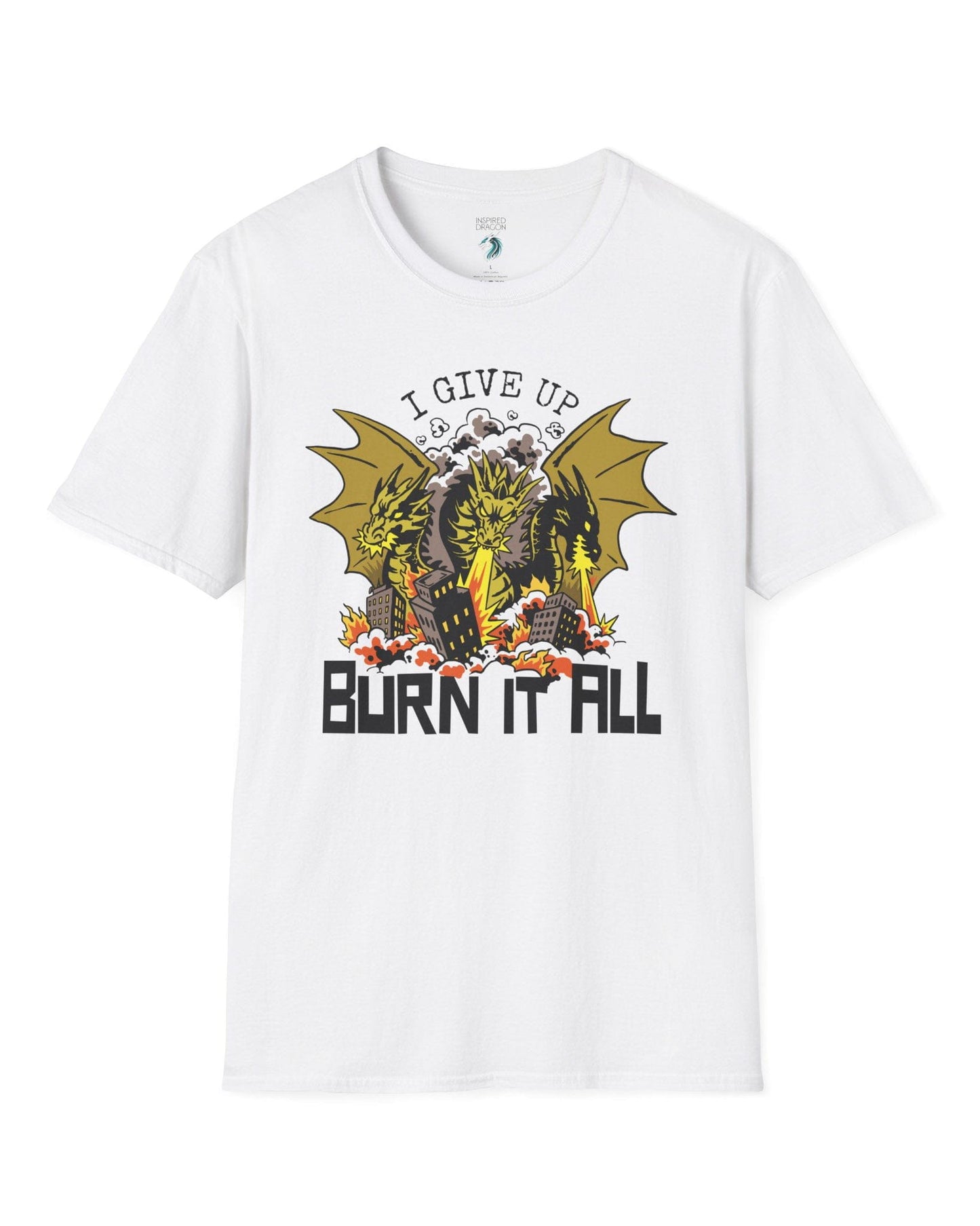 Burn It All shirt in white featuring a three-headed dragon breathing fire and destroying a city.
