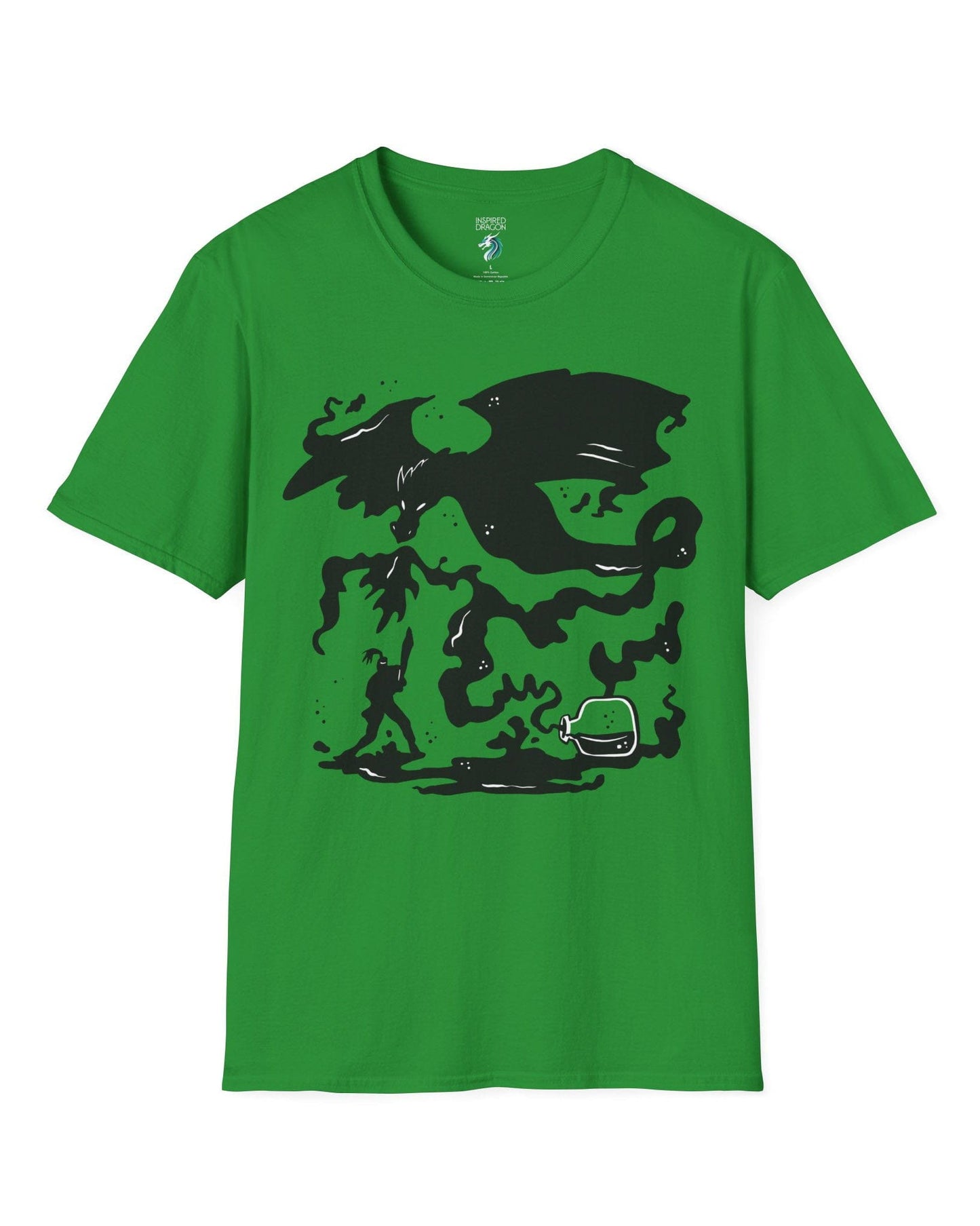 A Duel In Ink shirt in Irish green, featuring an ink-style illustration of a dragon battling a warrior with swirling smoke.