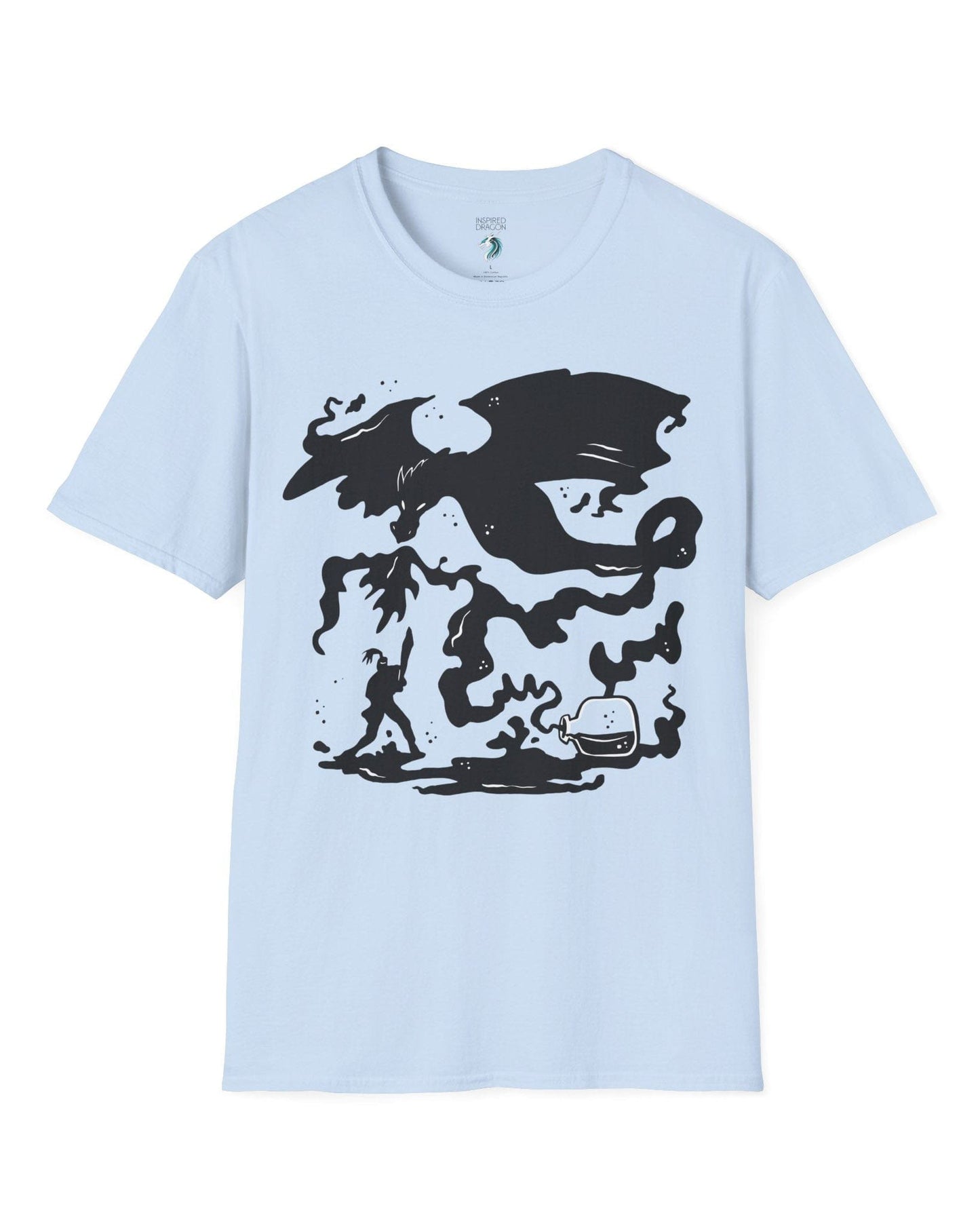 A Duel In Ink shirt in light blue, featuring an ink-style illustration of a dragon battling a warrior with swirling smoke.