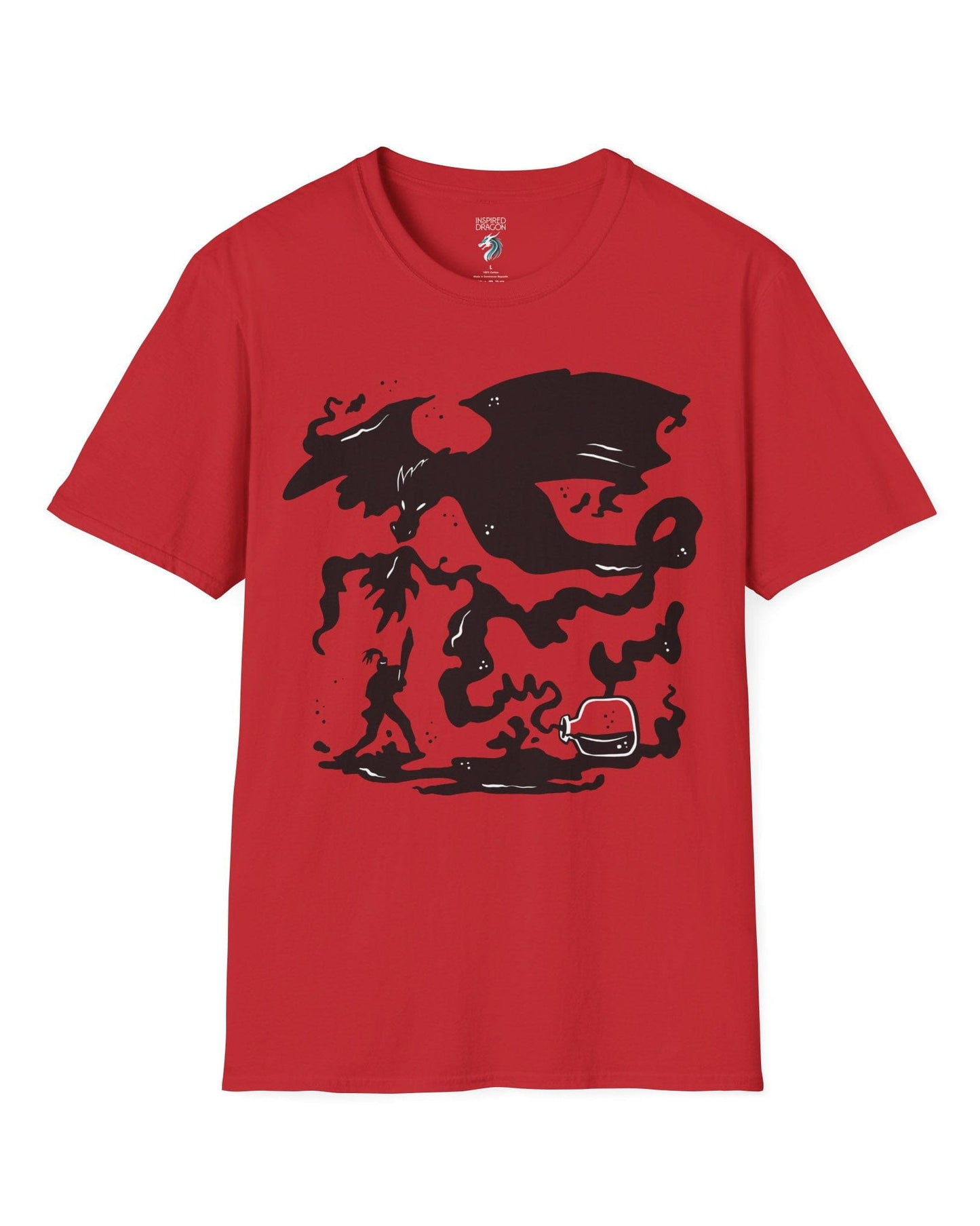 A Duel In Ink shirt in red, featuring an ink-style illustration of a dragon battling a warrior with swirling smoke.