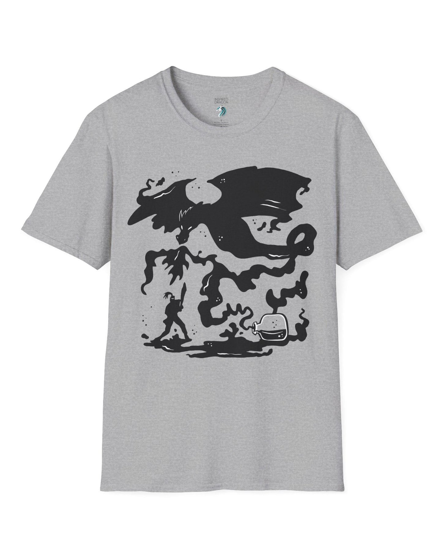 A Duel In Ink shirt in sport grey, featuring an ink-style illustration of a dragon battling a warrior with swirling smoke.