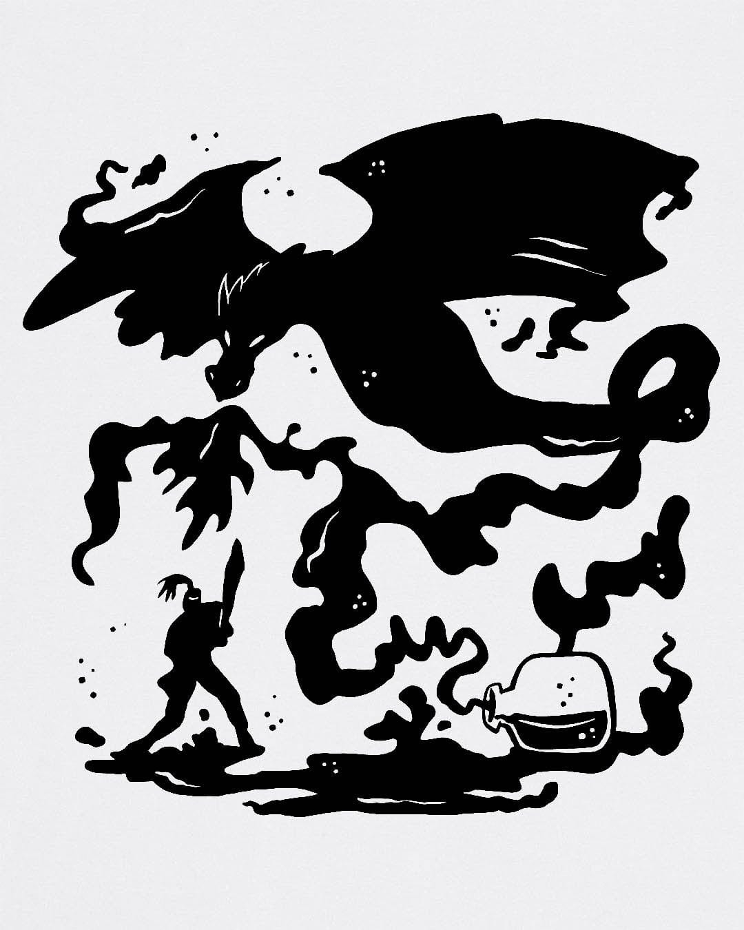 A Duel In Ink shirt in white, featuring an ink-style illustration of a dragon battling a warrior with swirling smoke.