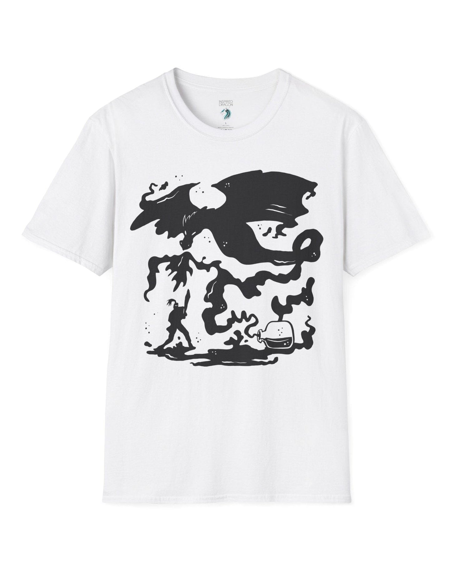 A Duel In Ink shirt in white, featuring an ink-style illustration of a dragon battling a warrior with swirling smoke.
