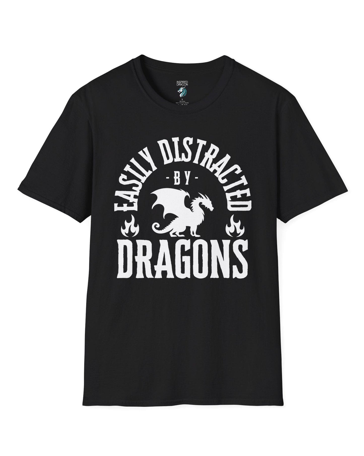 Easily Distracted by Dragons shirt in black featuring bold text with a dragon silhouette and flame icons.