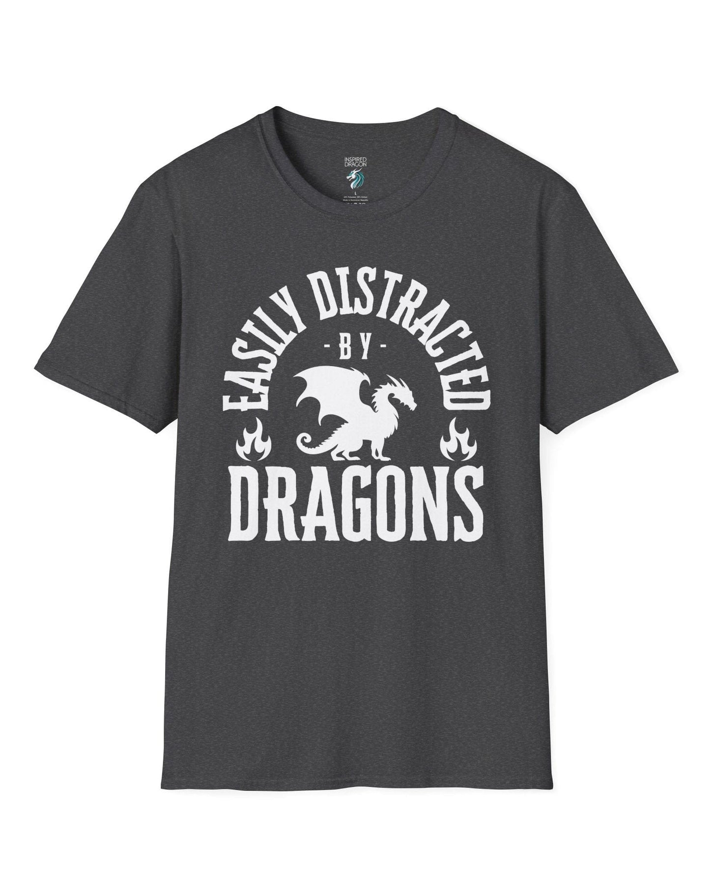 Easily Distracted by Dragons shirt in dark heather grey featuring bold text with a dragon silhouette and flame icons.