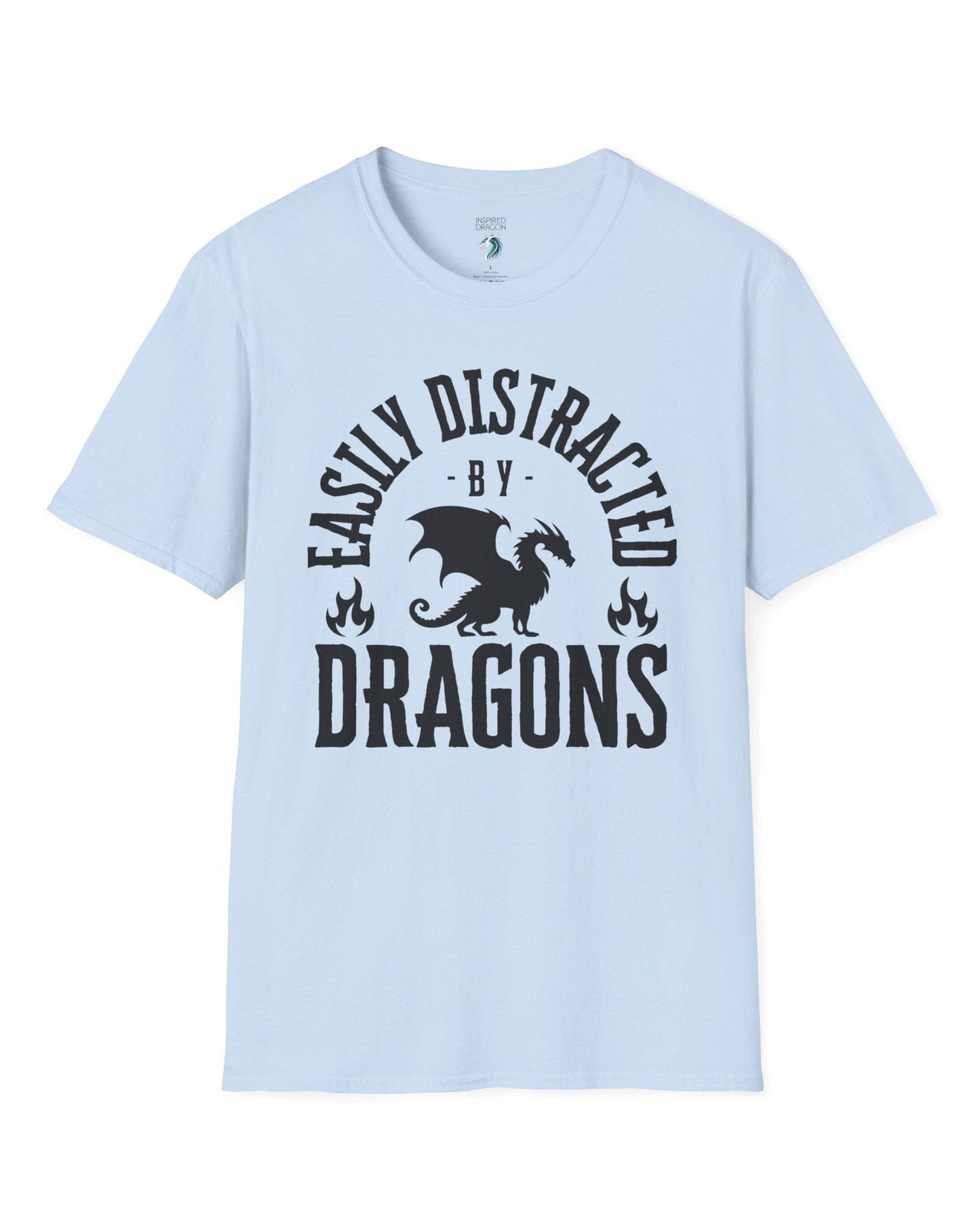 Easily Distracted by Dragons shirt in light blue featuring bold text with a dragon silhouette and flame icons.