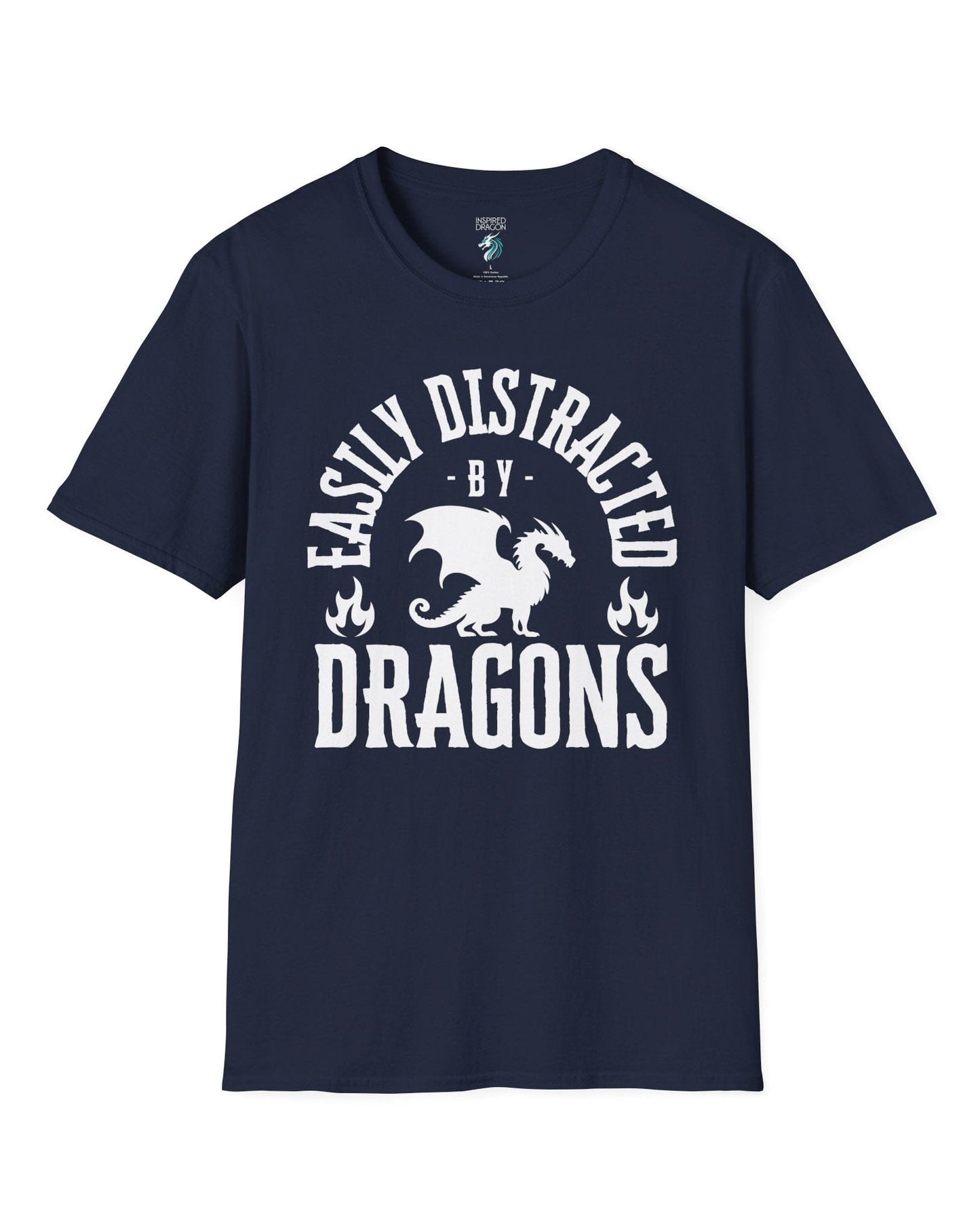 Easily Distracted by Dragons shirt in navy featuring bold text with a dragon silhouette and flame icons.