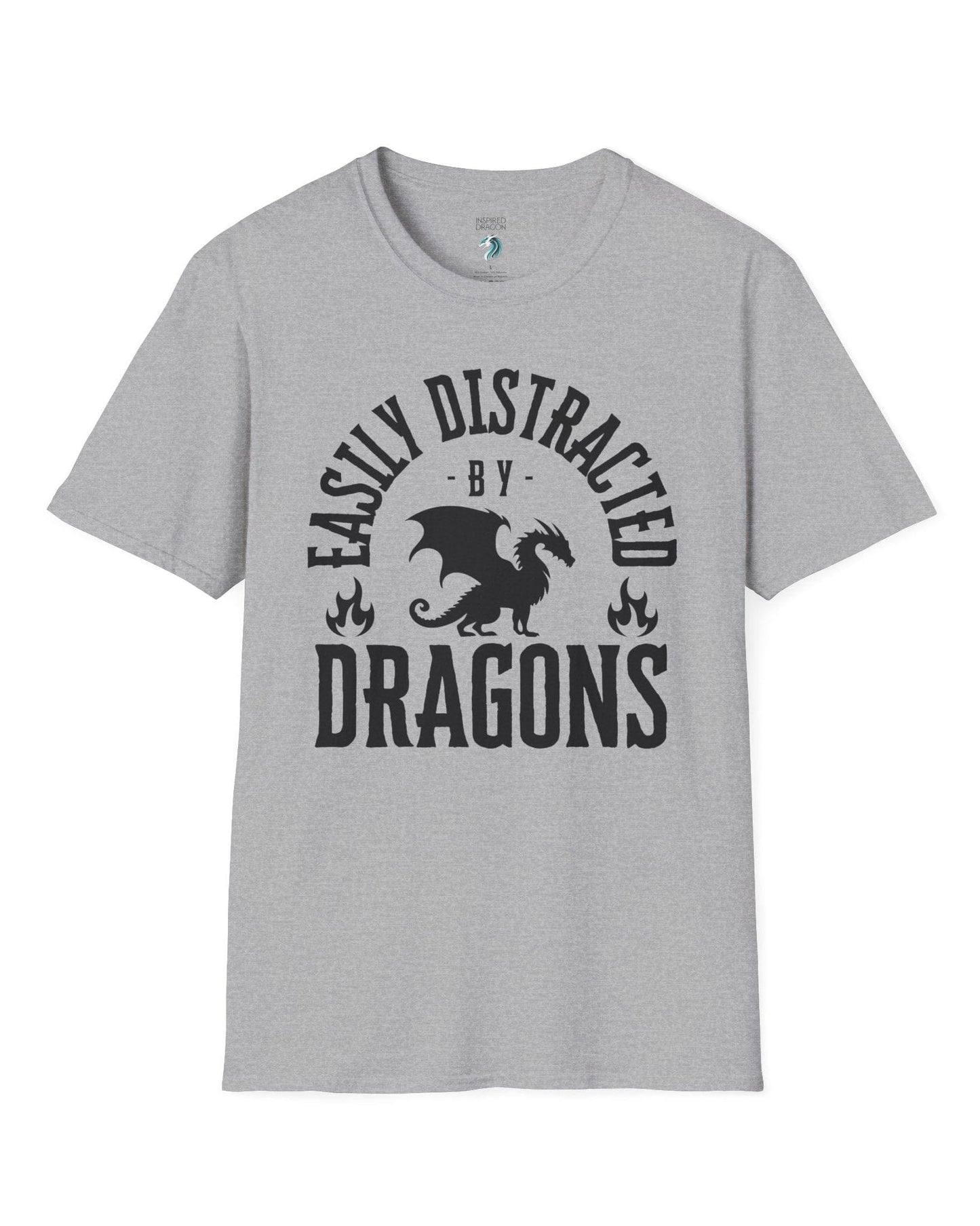 Easily Distracted by Dragons shirt in sport grey featuring bold text with a dragon silhouette and flame icons.