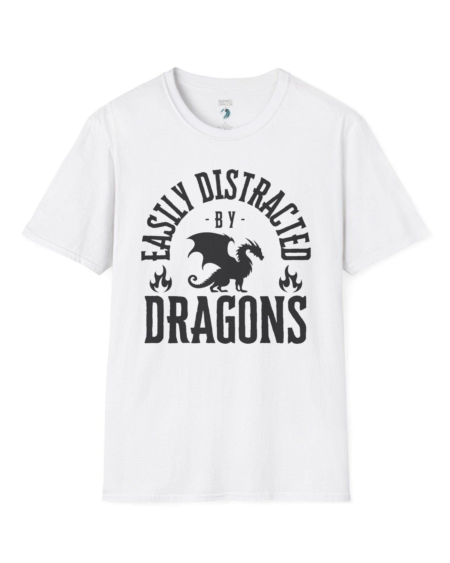 Easily Distracted by Dragons shirt in white featuring bold text with a dragon silhouette and flame icons.