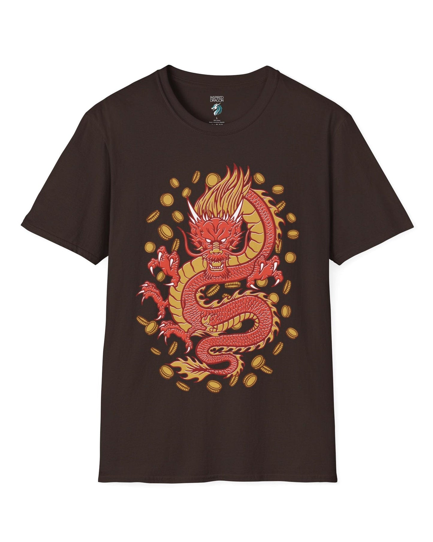 Guardian of Fortune shirt in dark chocolate featuring a fierce red and gold dragon surrounded by flying coins.