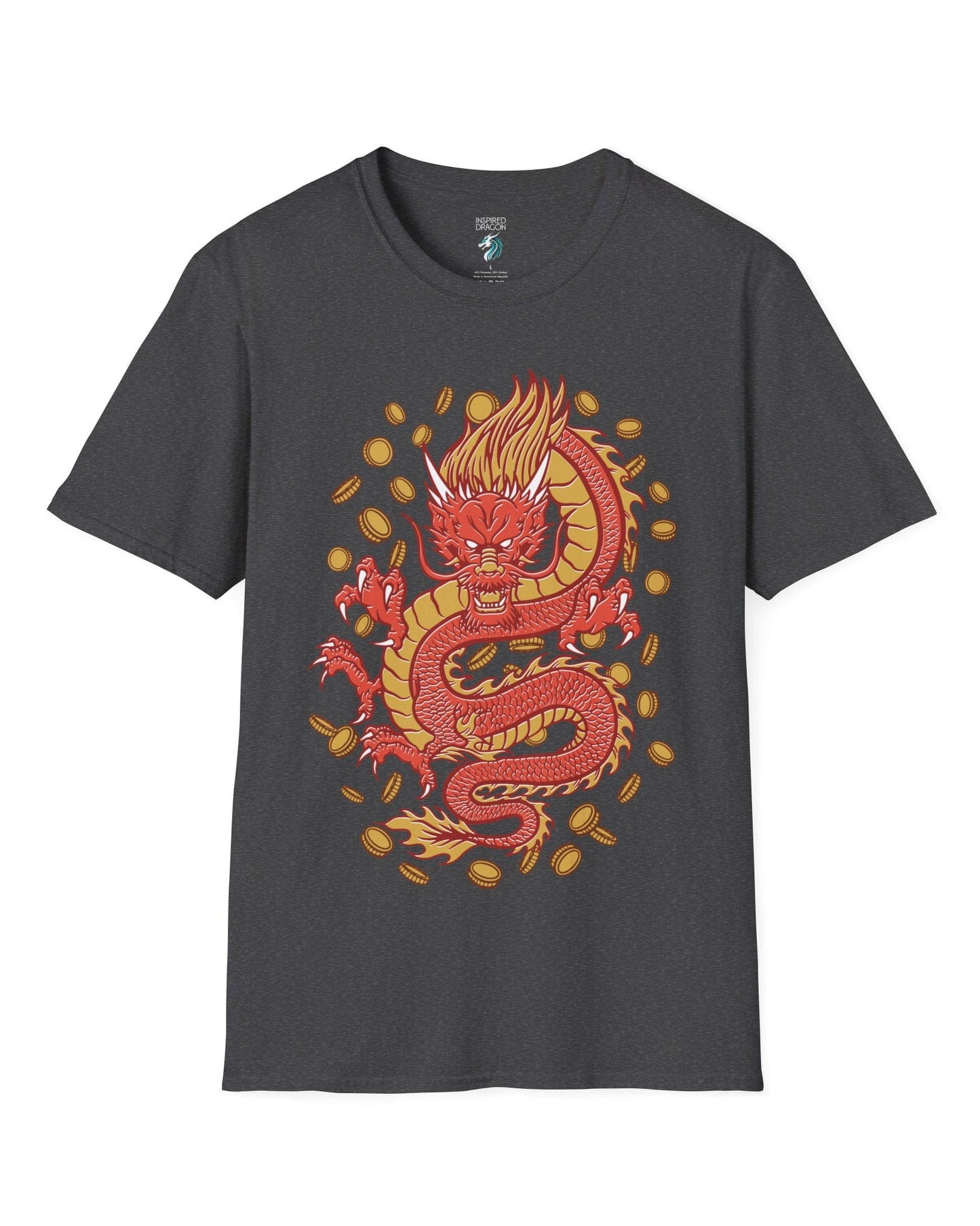 Guardian of Fortune shirt in dark heather grey featuring a fierce red and gold dragon surrounded by flying coins.