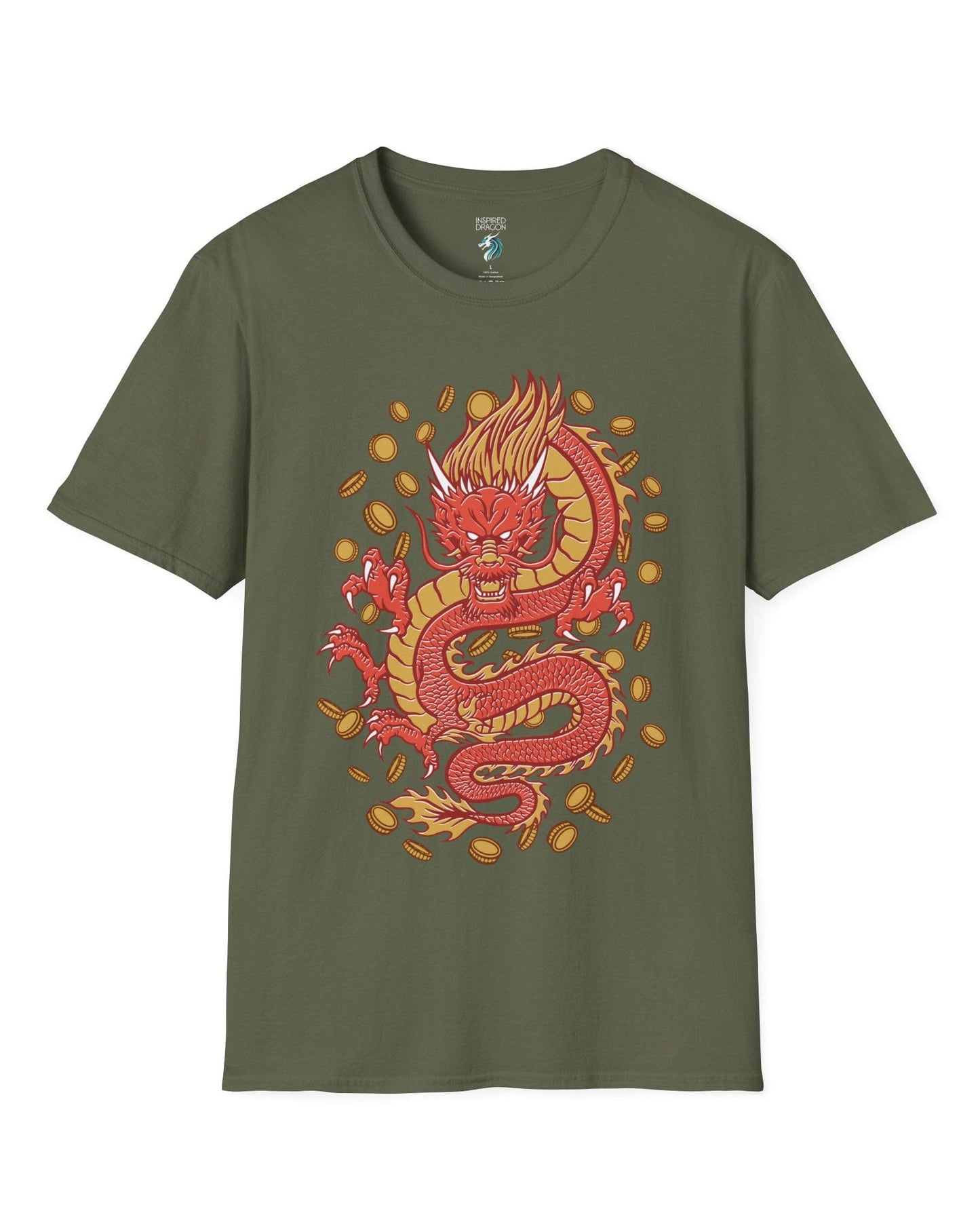Guardian of Fortune shirt in military green featuring a fierce red and gold dragon surrounded by flying coins.