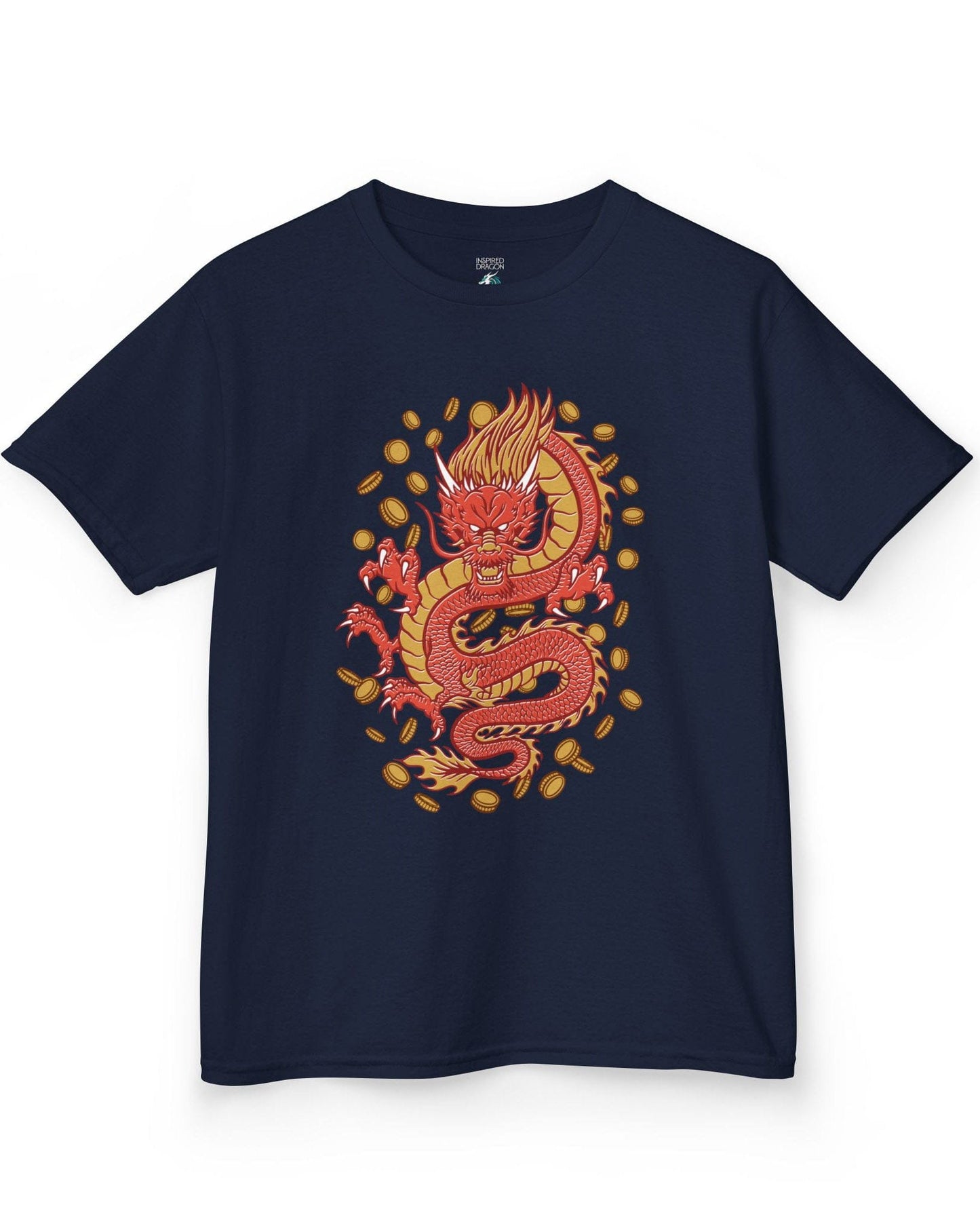 Guardian of Fortune shirt in navy featuring a fierce red and gold dragon surrounded by flying coins