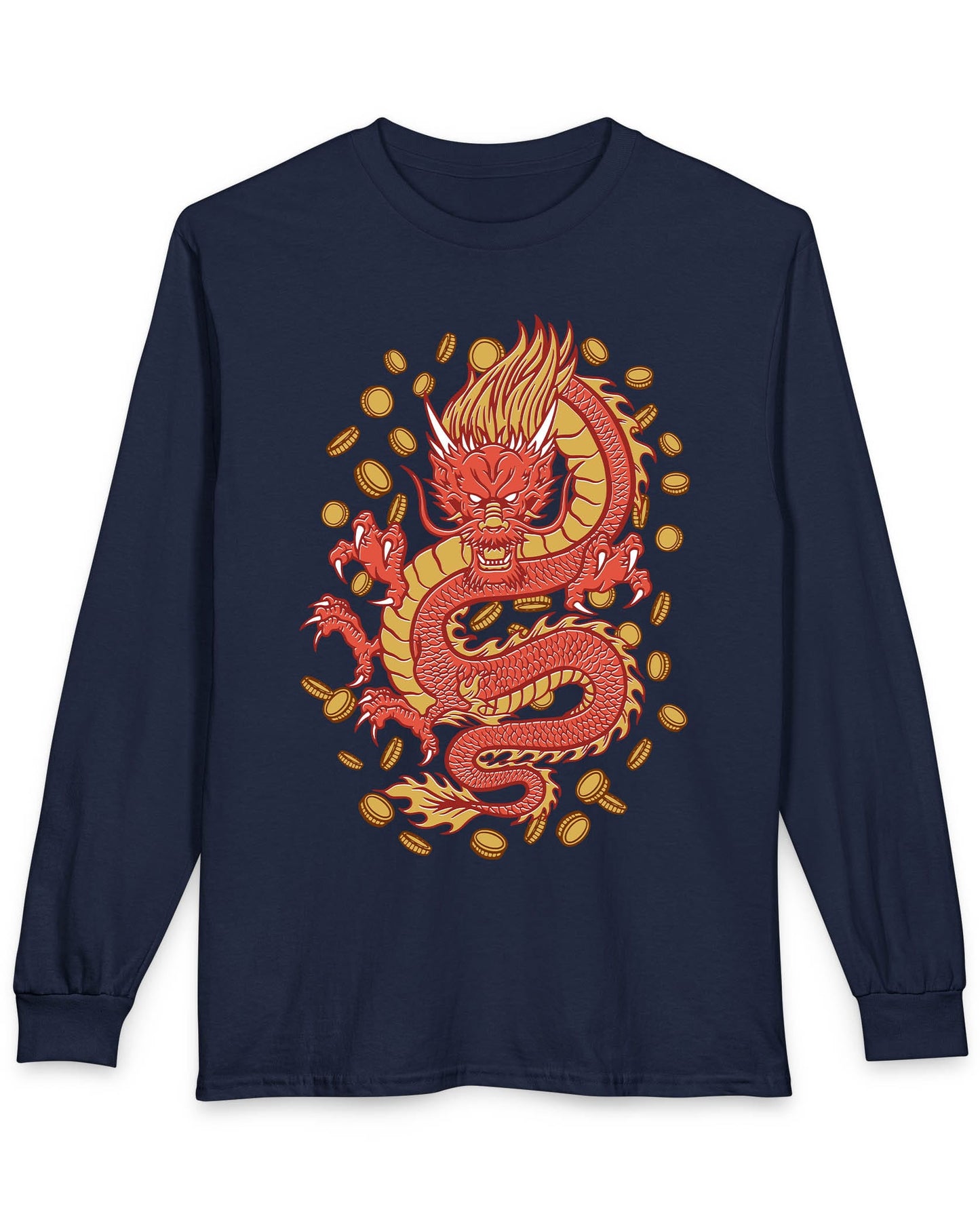 Guardian of Fortune shirt in navy featuring a fierce red and gold dragon surrounded by flying coins