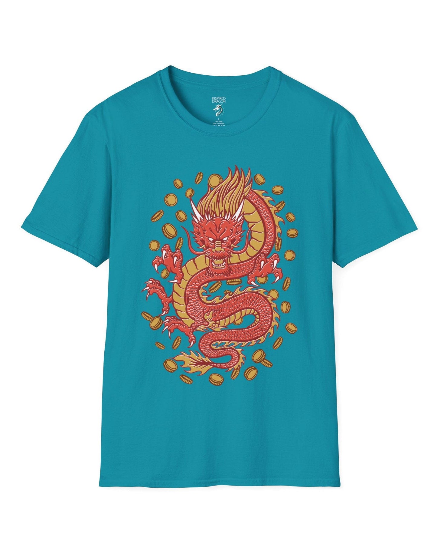 Guardian of Fortune shirt in tropical blue featuring a fierce red and gold dragon surrounded by flying coins