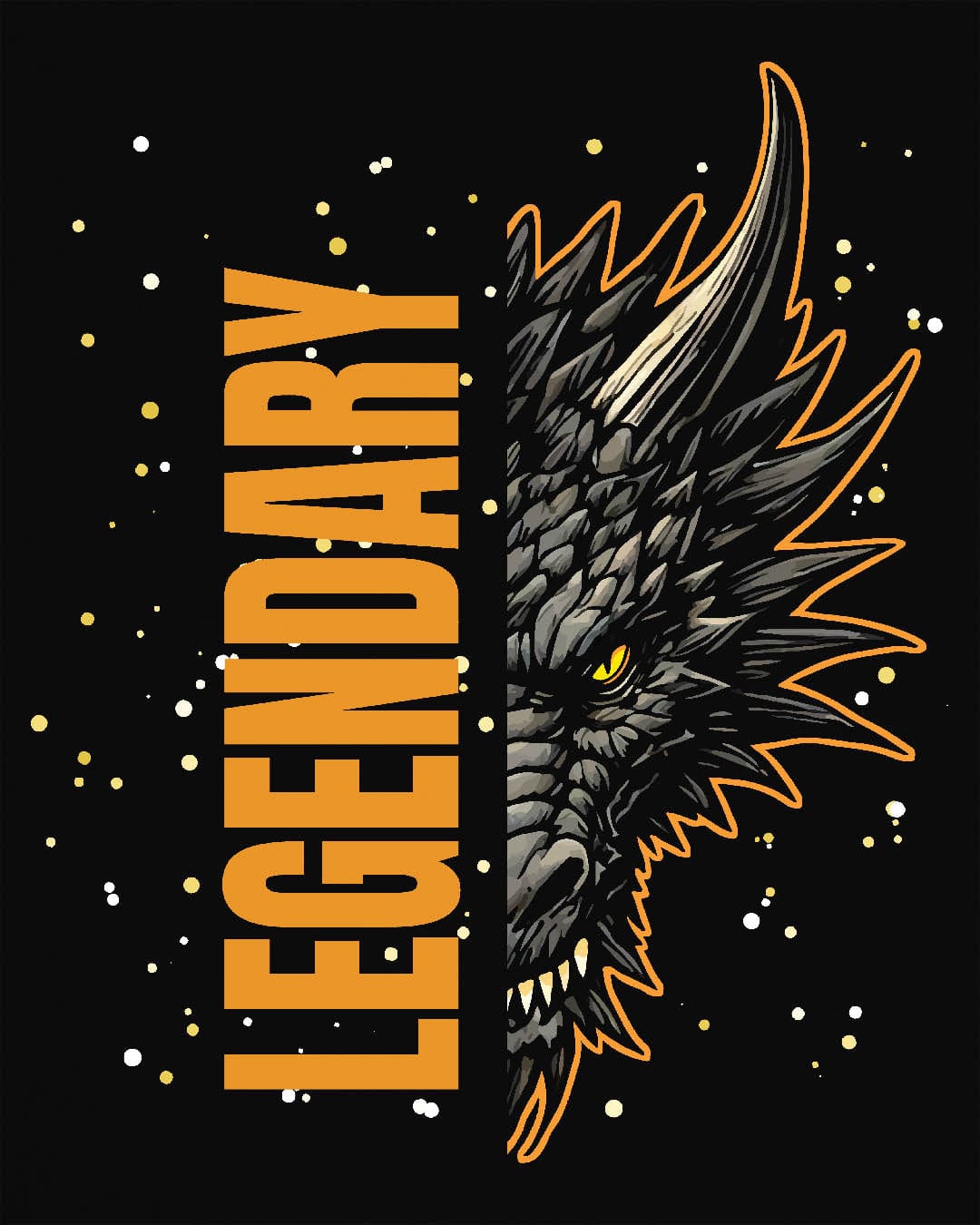 Legendary Dragon shirt in black, featuring bold vertical text beside a fierce dragon face with glowing eyes.