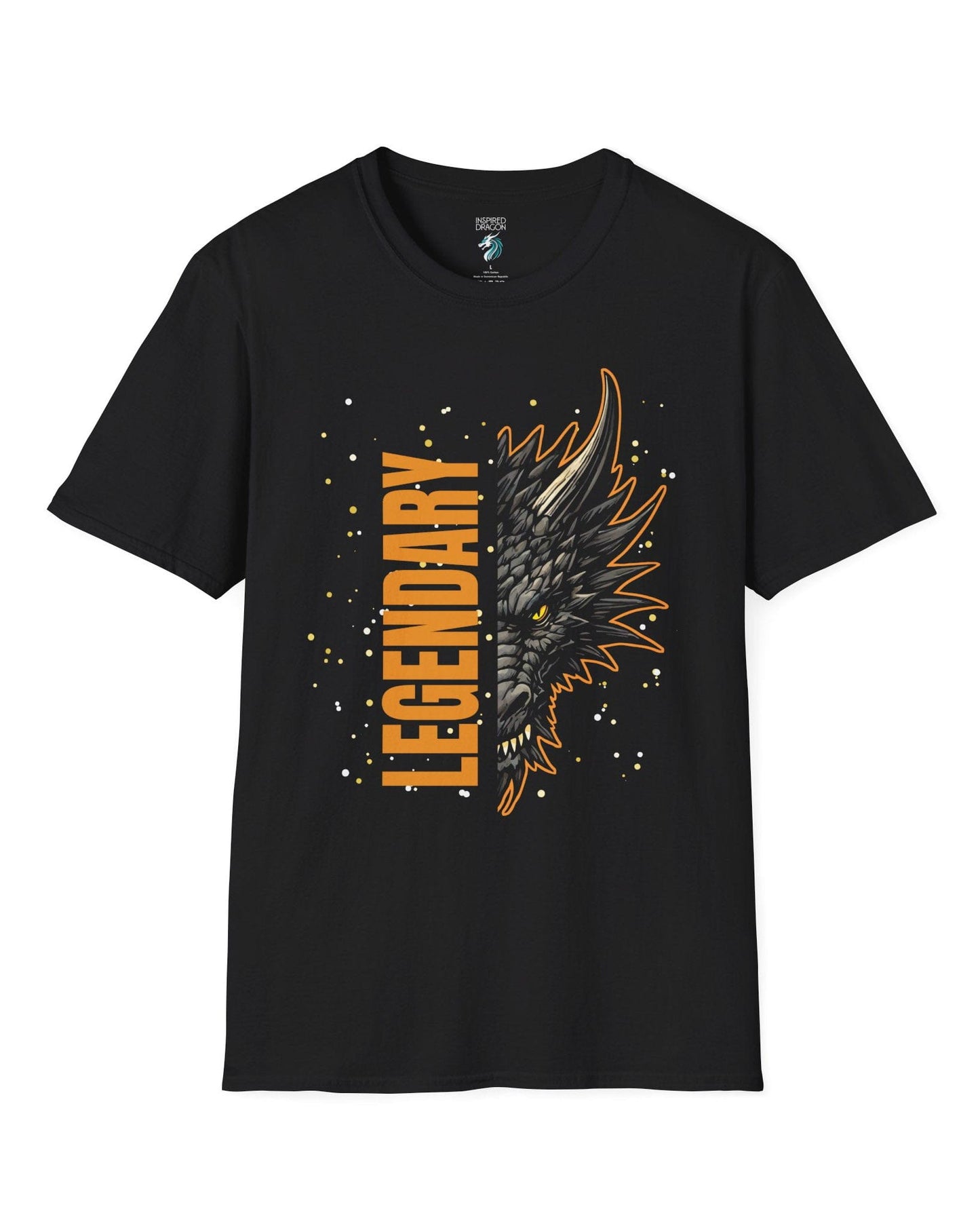 Legendary Dragon shirt in black, featuring bold vertical text beside a fierce dragon face with glowing eyes.