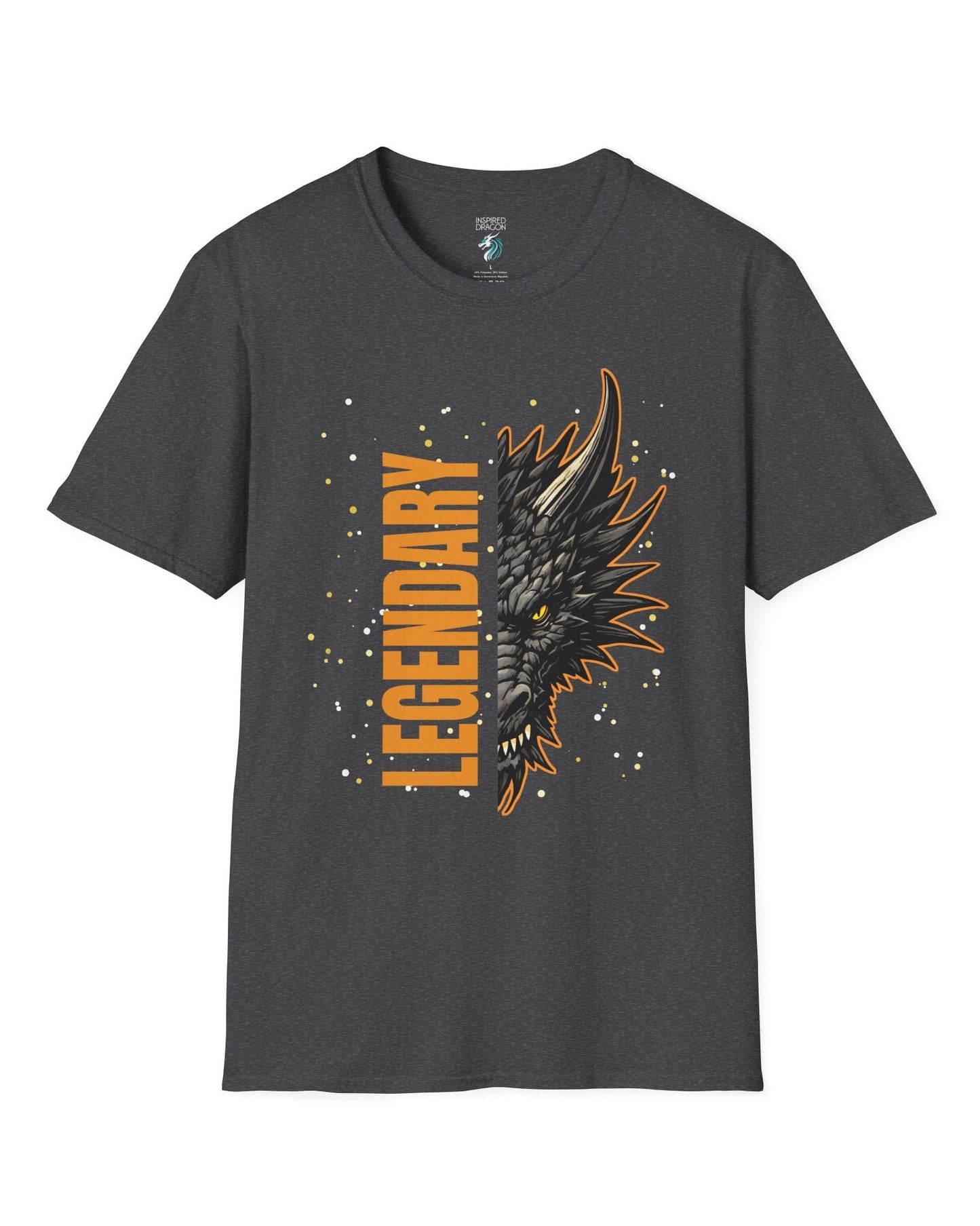 Legendary Dragon shirt in dark heather grey, featuring bold vertical text beside a fierce dragon face with glowing eyes.