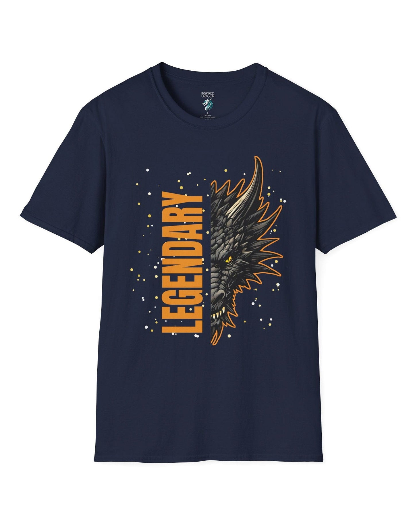 Legendary Dragon shirt in navy, featuring bold vertical text beside a fierce dragon face with glowing eyes.