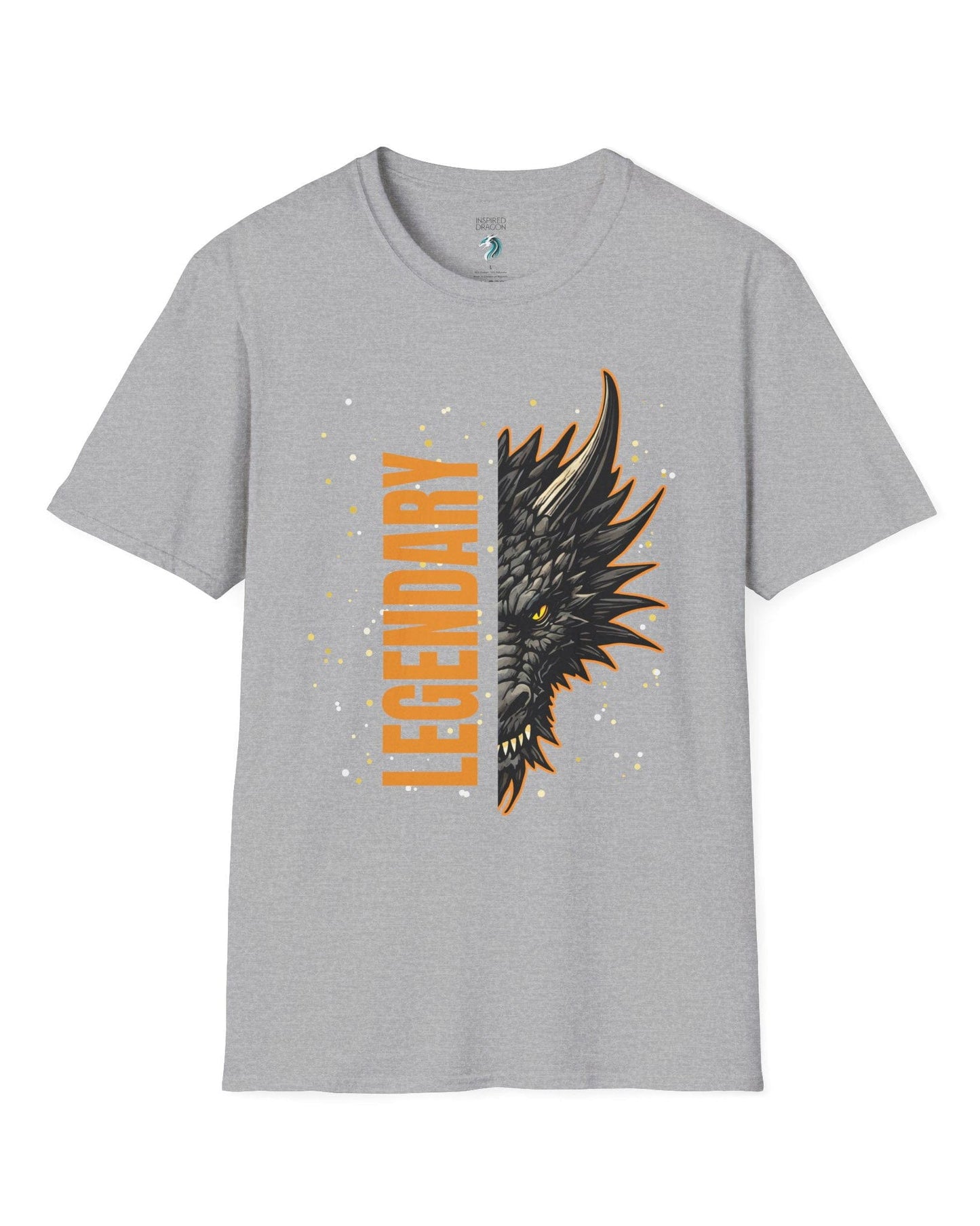 Legendary Dragon shirt in sport grey, featuring bold vertical text beside a fierce dragon face with glowing eyes.