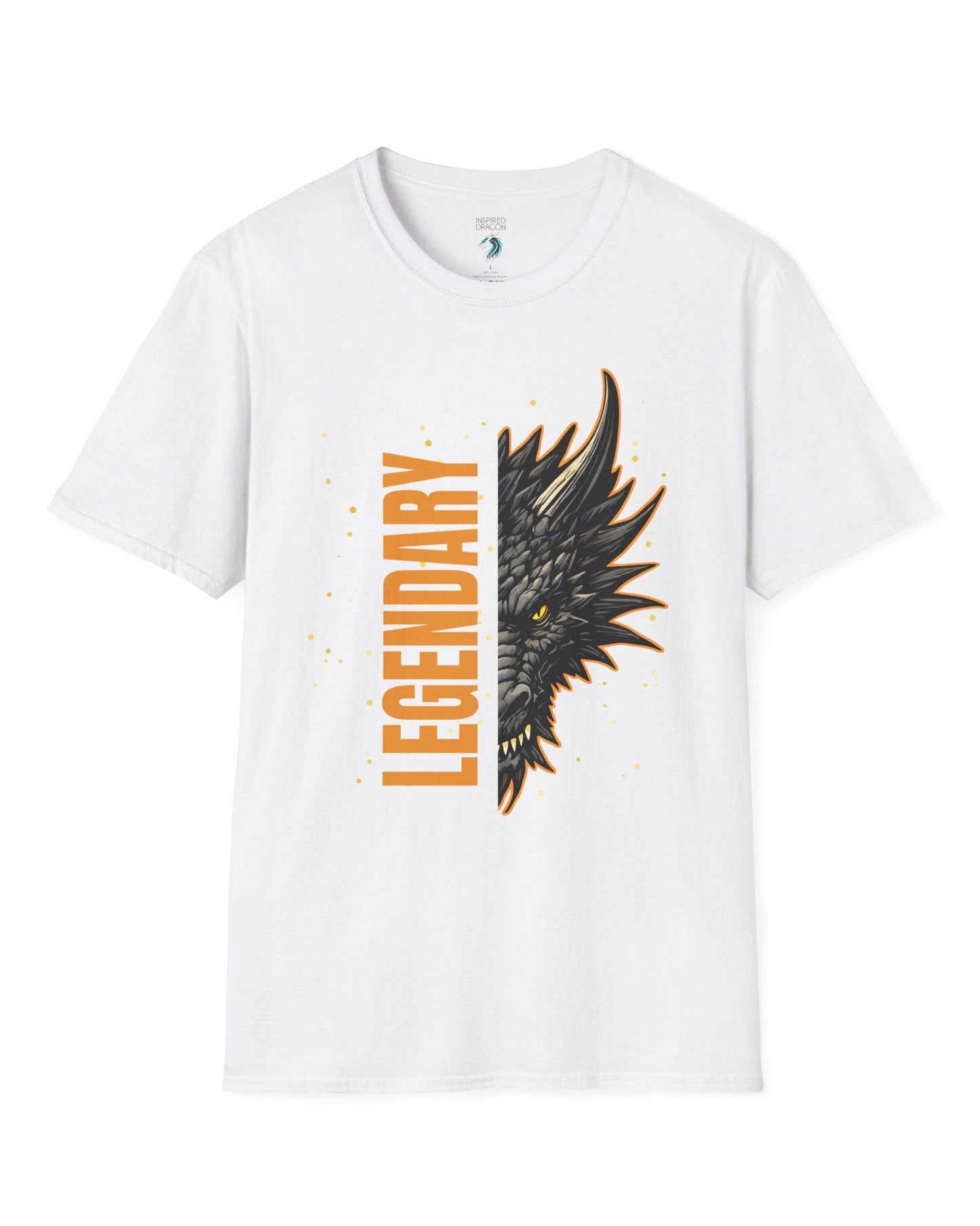 Legendary Dragon shirt in white, featuring bold vertical text beside a fierce dragon face with glowing eyes.