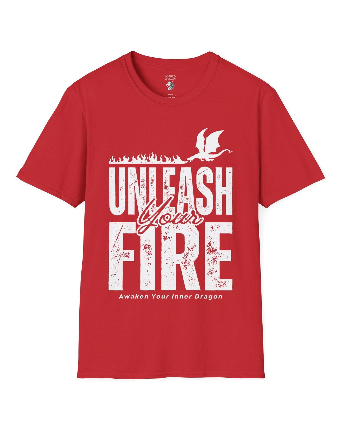 Unleash Your Fire shirt in red, featuring bold distressed text and a fire-breathing dragon.