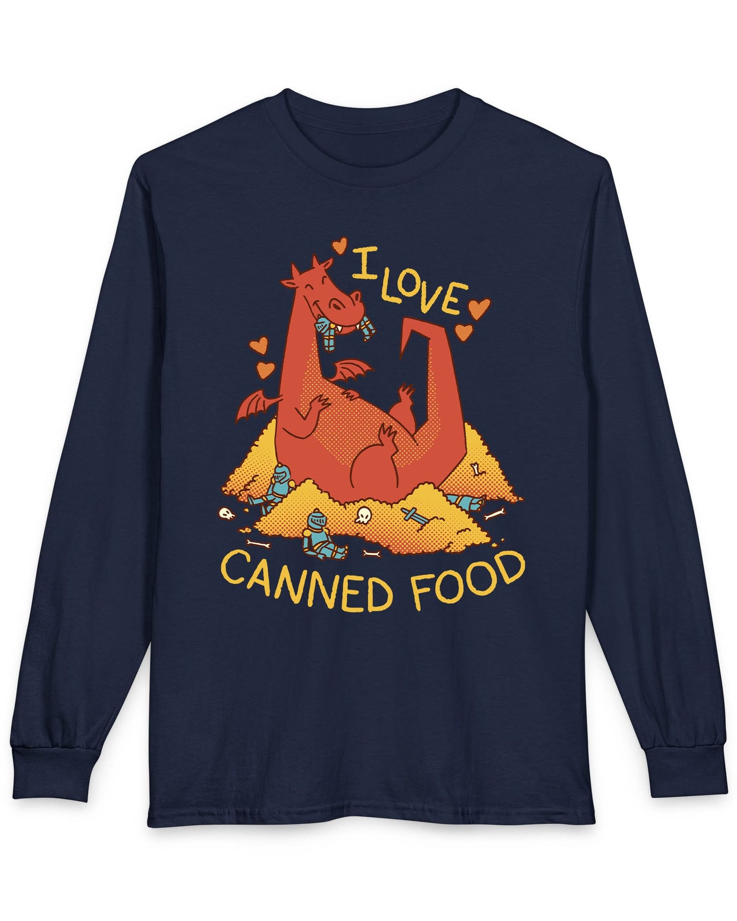 I Love Canned Food shirt in navy featuring a happy red dragon snacking on knights in armor atop a pile of gold