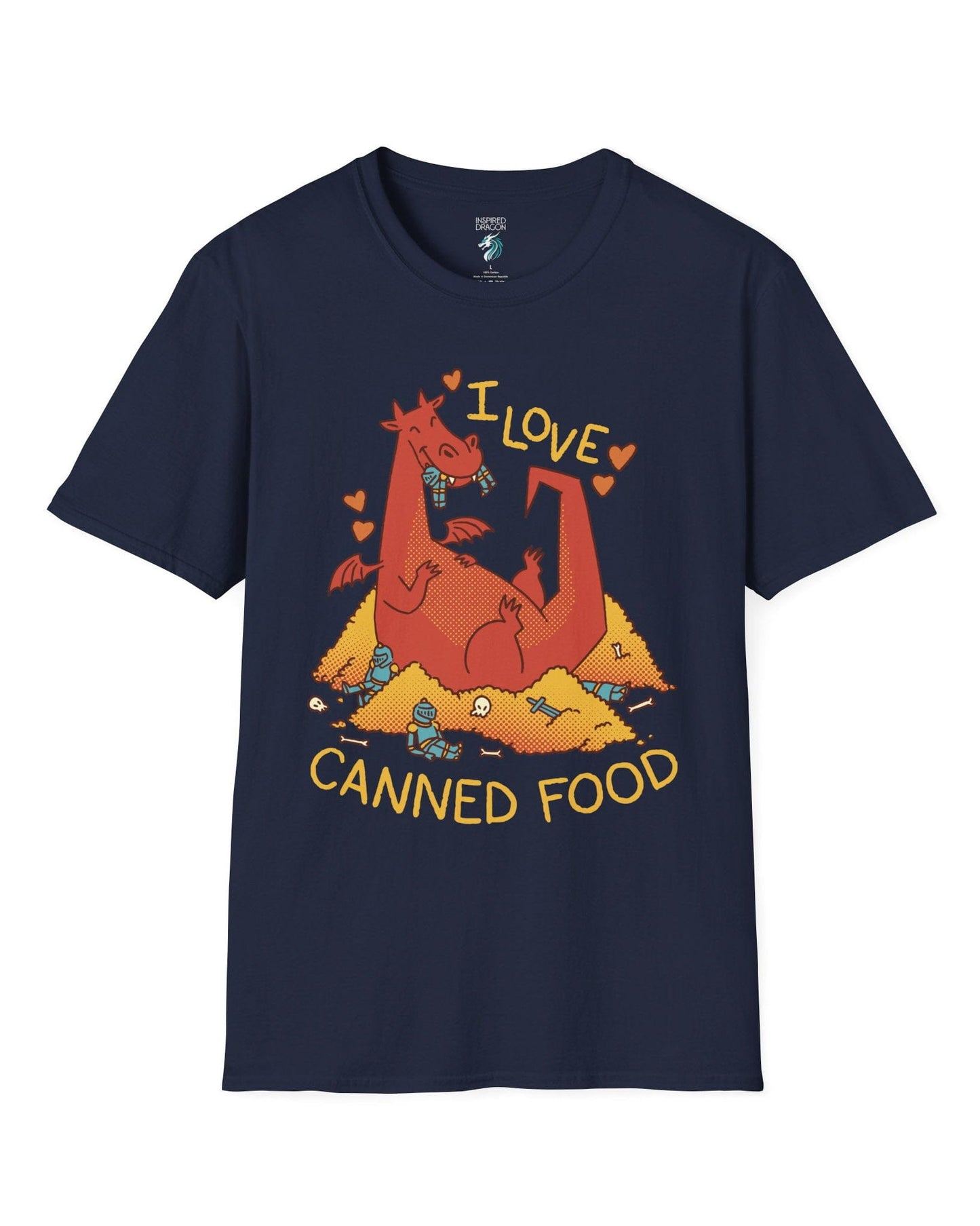 I Love Canned Food shirt in navy featuring a happy red dragon snacking on knights in armor atop a pile of gold.