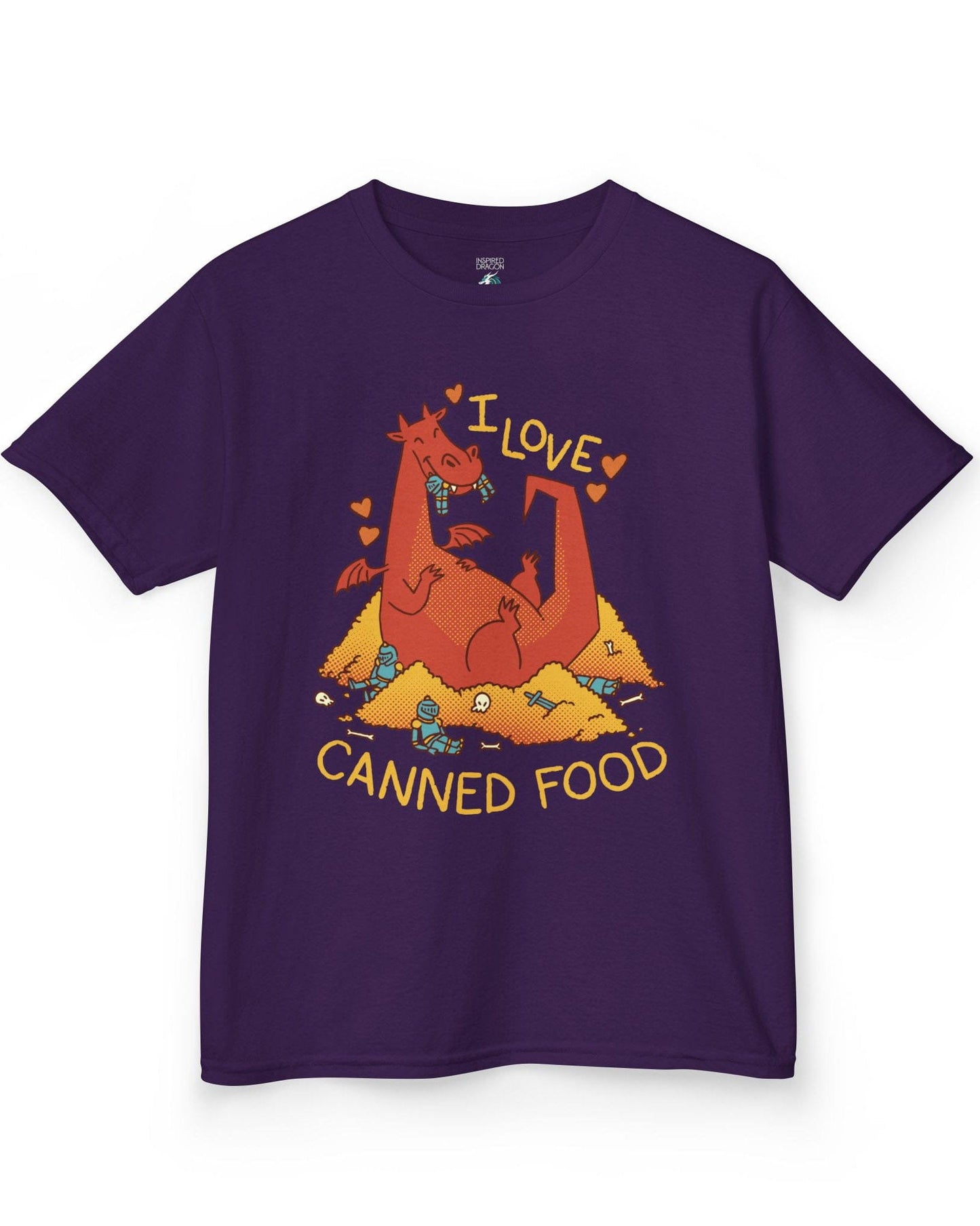 I Love Canned Food shirt in purple featuring a happy red dragon snacking on knights in armor atop a pile of gold