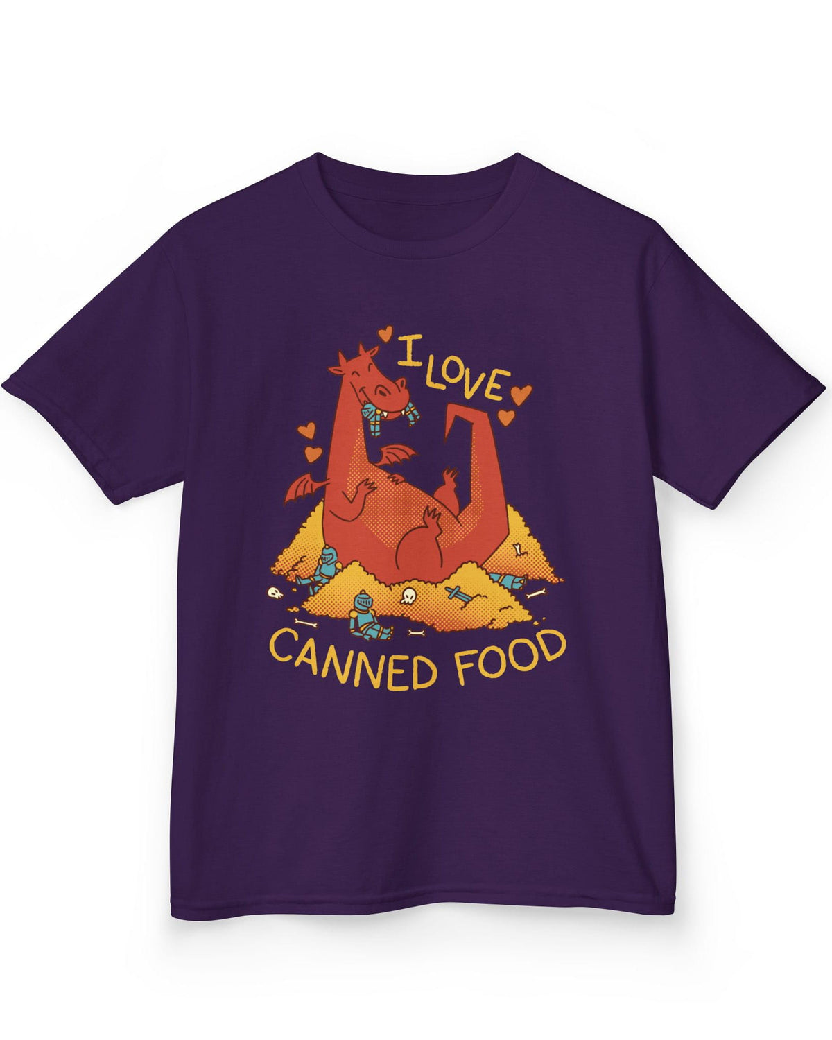 I Love Canned Food shirt in purple featuring a happy red dragon snacking on knights in armor atop a pile of gold