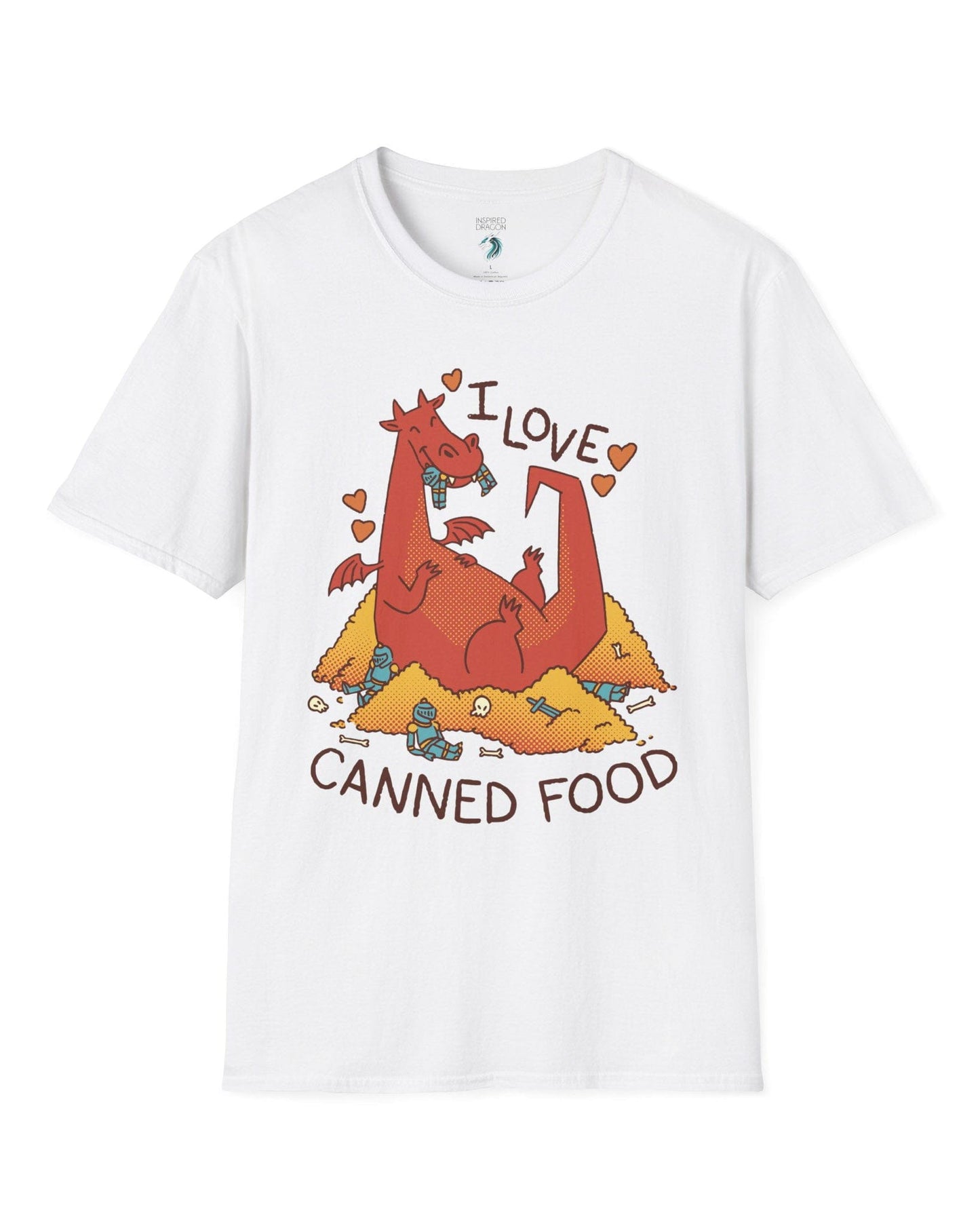I Love Canned Food shirt in white featuring a happy red dragon snacking on knights in armor atop a pile of gold.