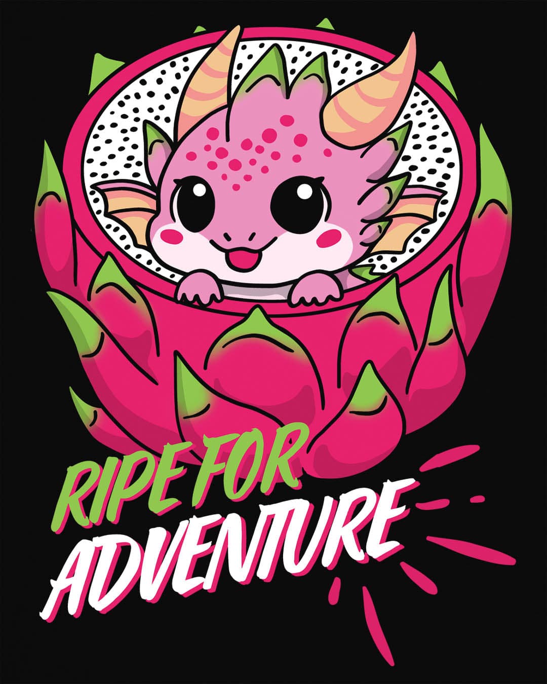 Ripe for Adventure shirt in black, featuring a cute pink dragon peeking out from a dragon fruit.