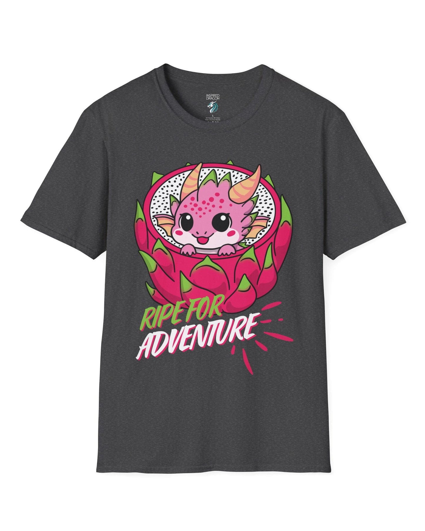 Ripe for Adventure shirt in dark heather grey, featuring a cute pink dragon peeking out from a dragon fruit.