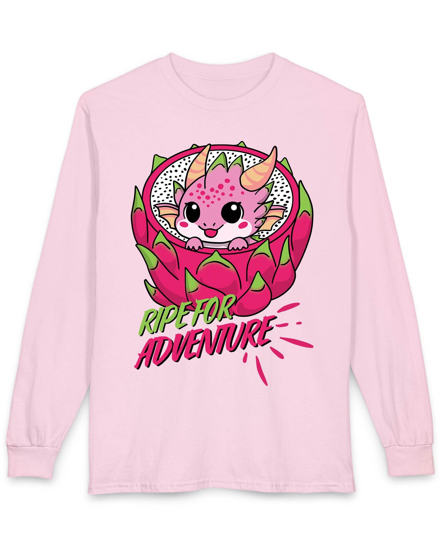 Ripe for Adventure shirt in light pink featuring a cute pink dragon peeking out from a dragon fruit