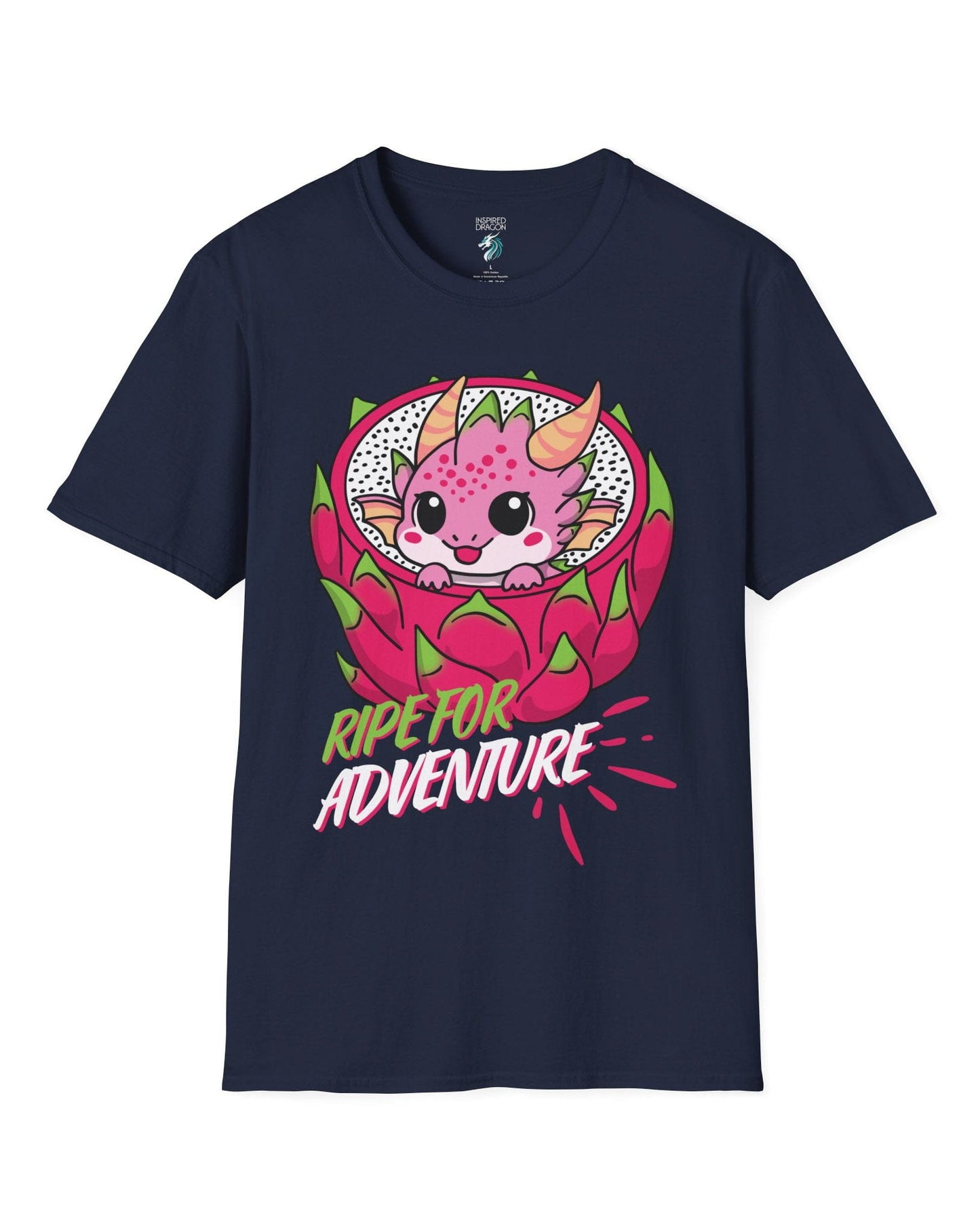 Ripe for Adventure shirt in navy, featuring a cute pink dragon peeking out from a dragon fruit.