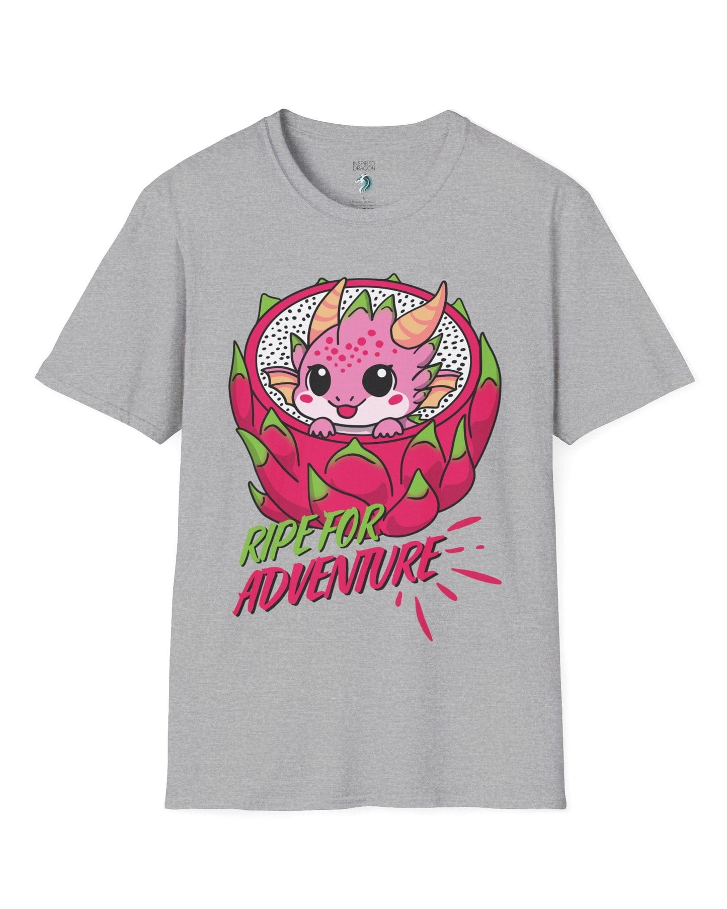Ripe for Adventure shirt in sport grey, featuring a cute pink dragon peeking out from a dragon fruit.