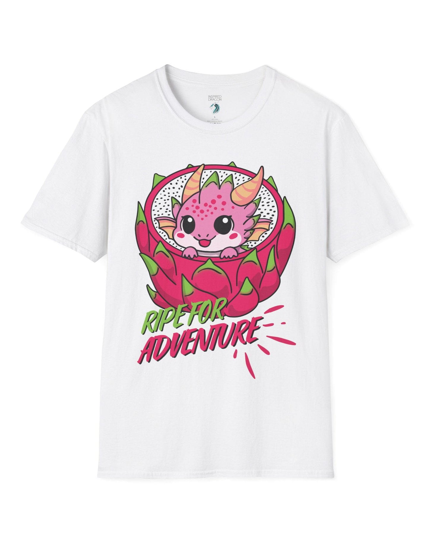 Ripe for Adventure shirt in white, featuring a cute pink dragon peeking out from a dragon fruit.