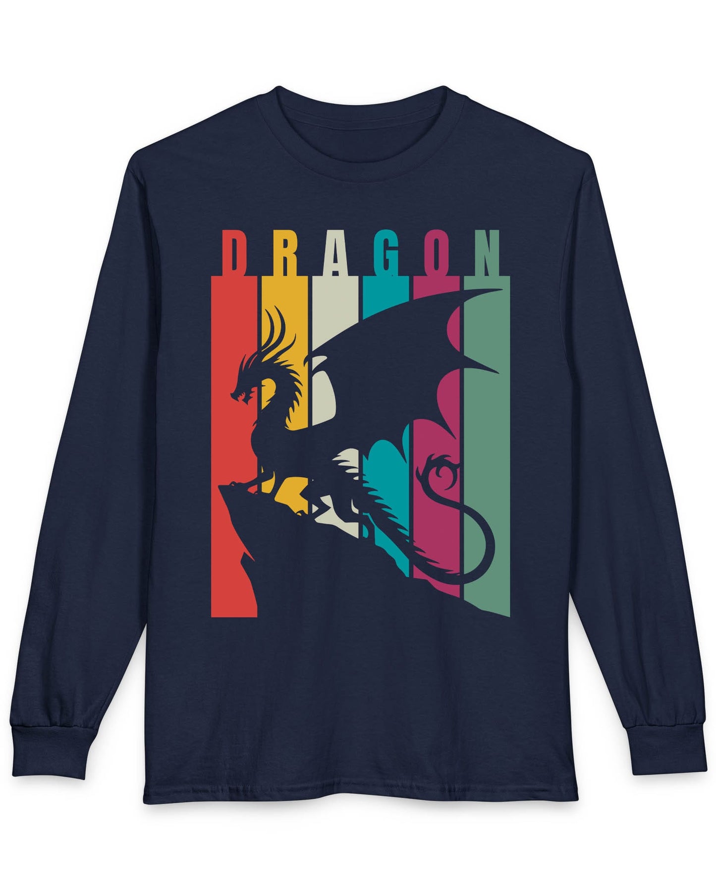 Draconic Spectrum shirt in navy featuring a dragon silhouette over vertical multi-colored stripes