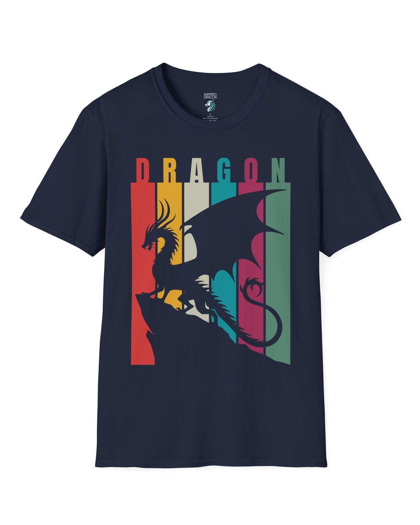 Draconic Spectrum shirt in navy featuring a dragon silhouette over vertical rainbow-colored stripes.