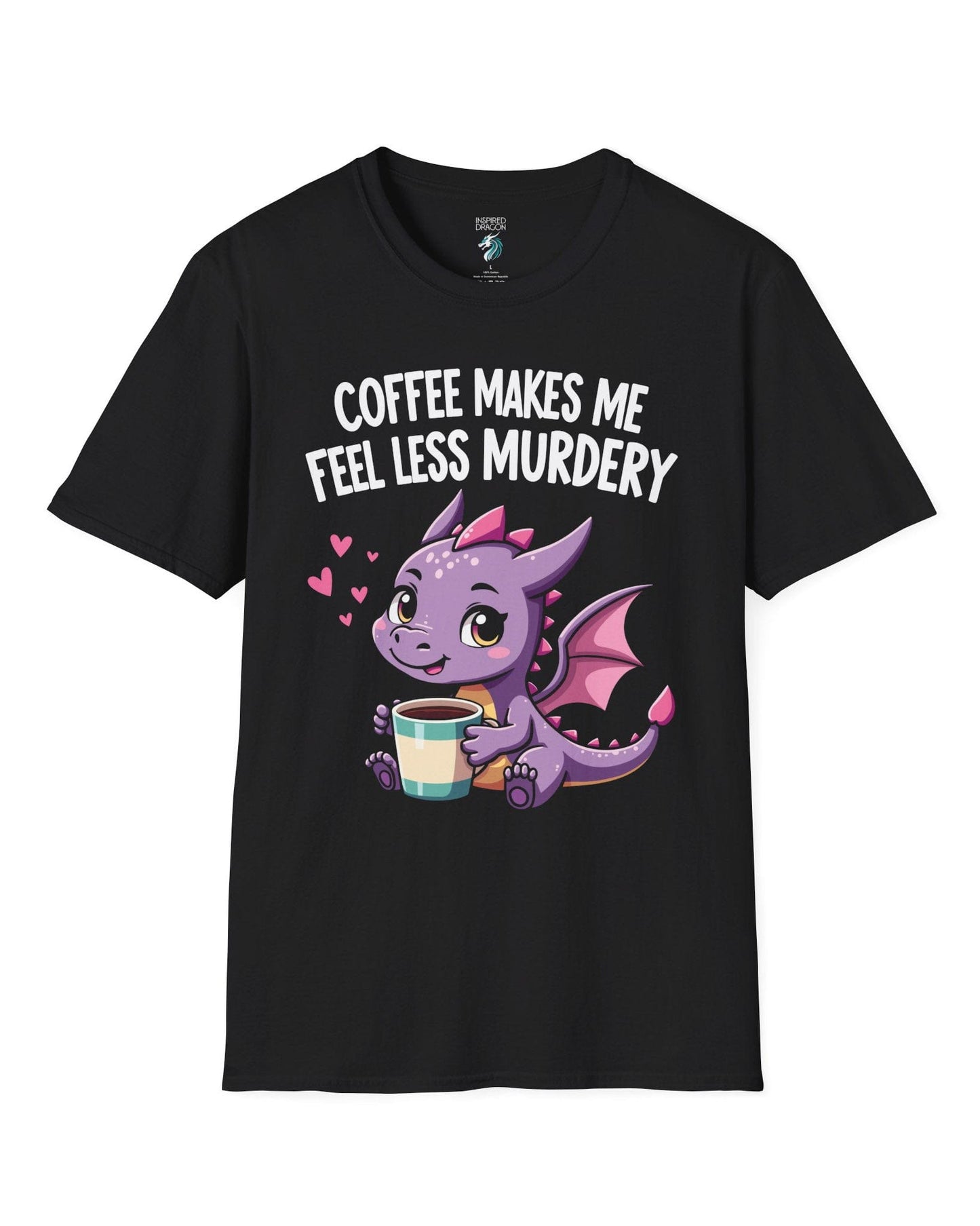 Coffee Makes Me Feel... shirt in black featuring a cute purple dragon holding a coffee cup.