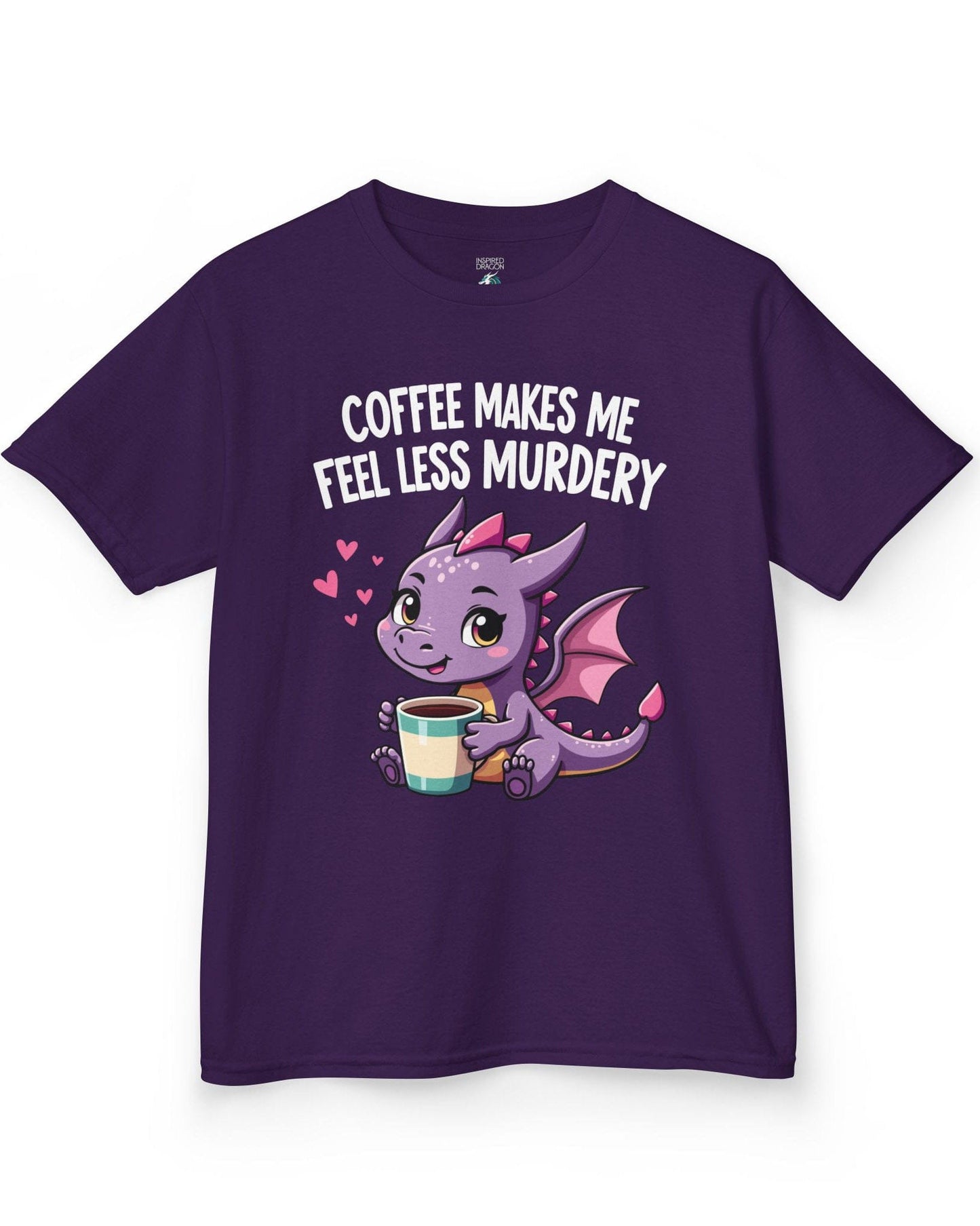 Coffee Makes Me Feel... shirt in purple featuring a cute purple dragon holding a coffee cup.
