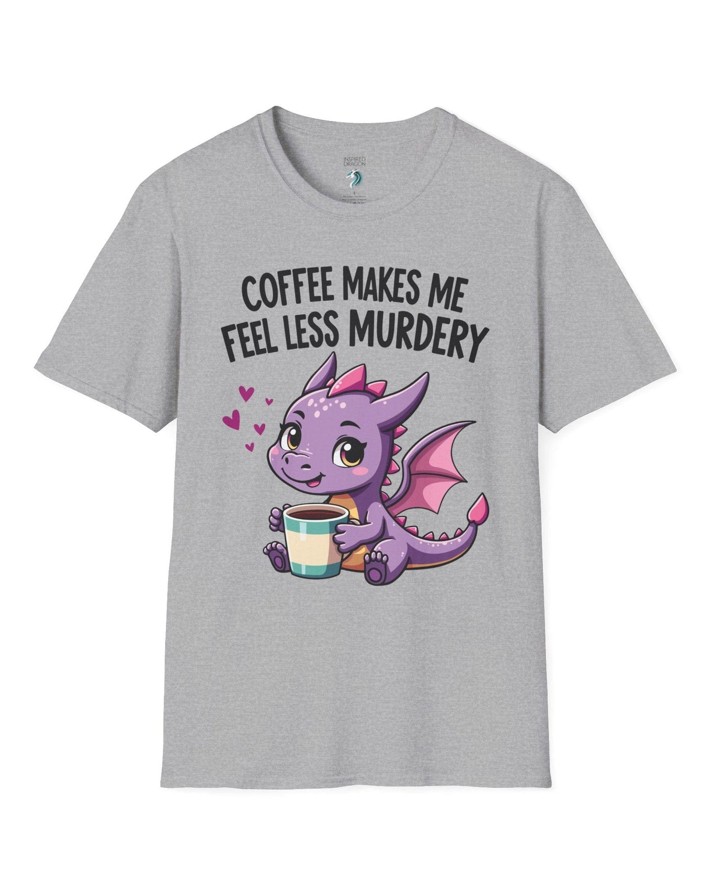 Coffee Makes Me Feel... shirt in sport grey featuring a cute purple dragon holding a coffee cup.