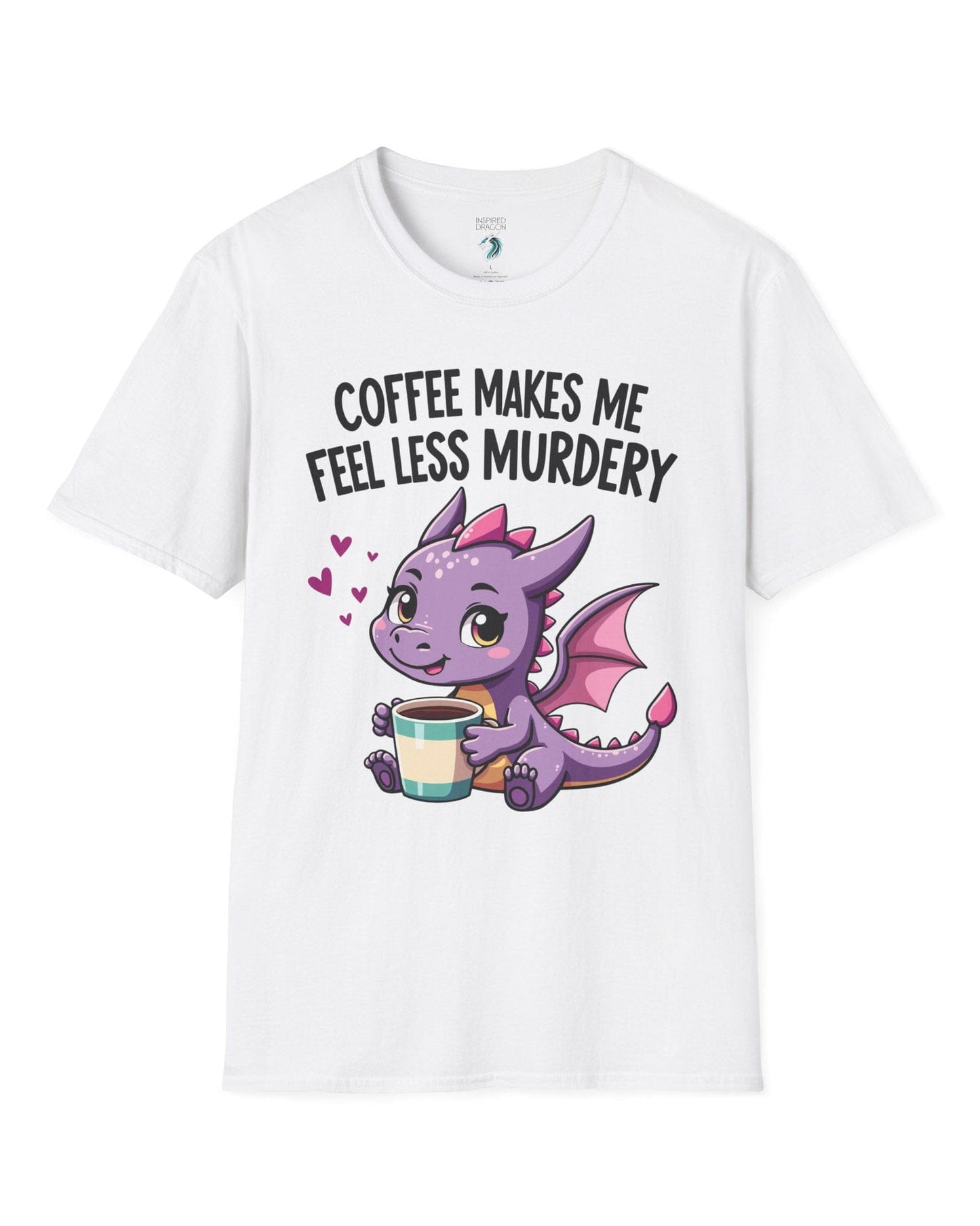 Coffee Makes Me Feel... shirt in white featuring a cute purple dragon holding a coffee cup.