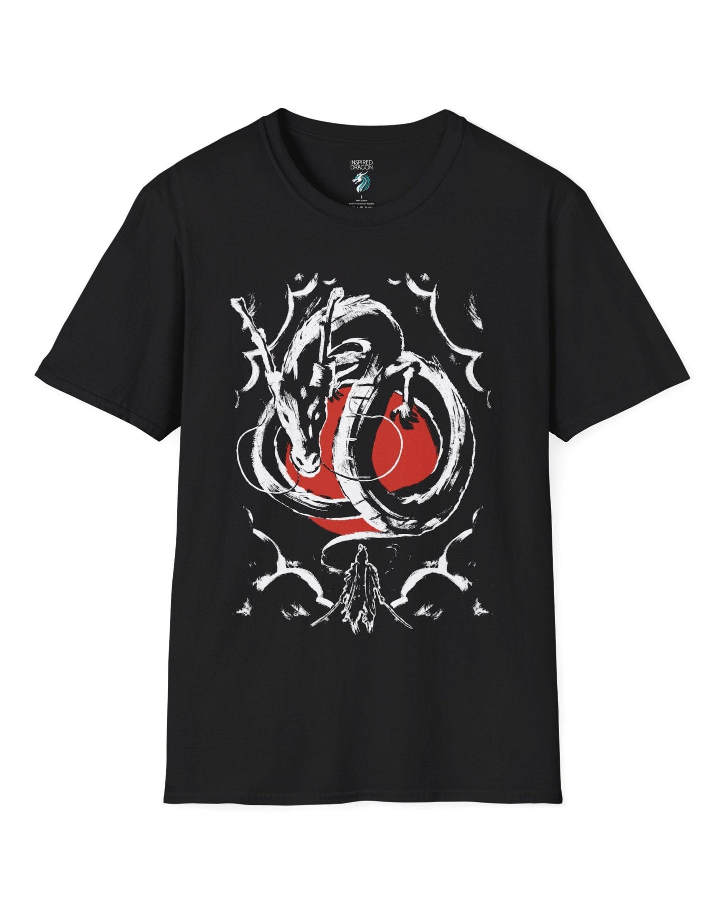 Honor and Resolve shirt in black, featuring a bold ink-style dragon above a warrior with a red sun backdrop.