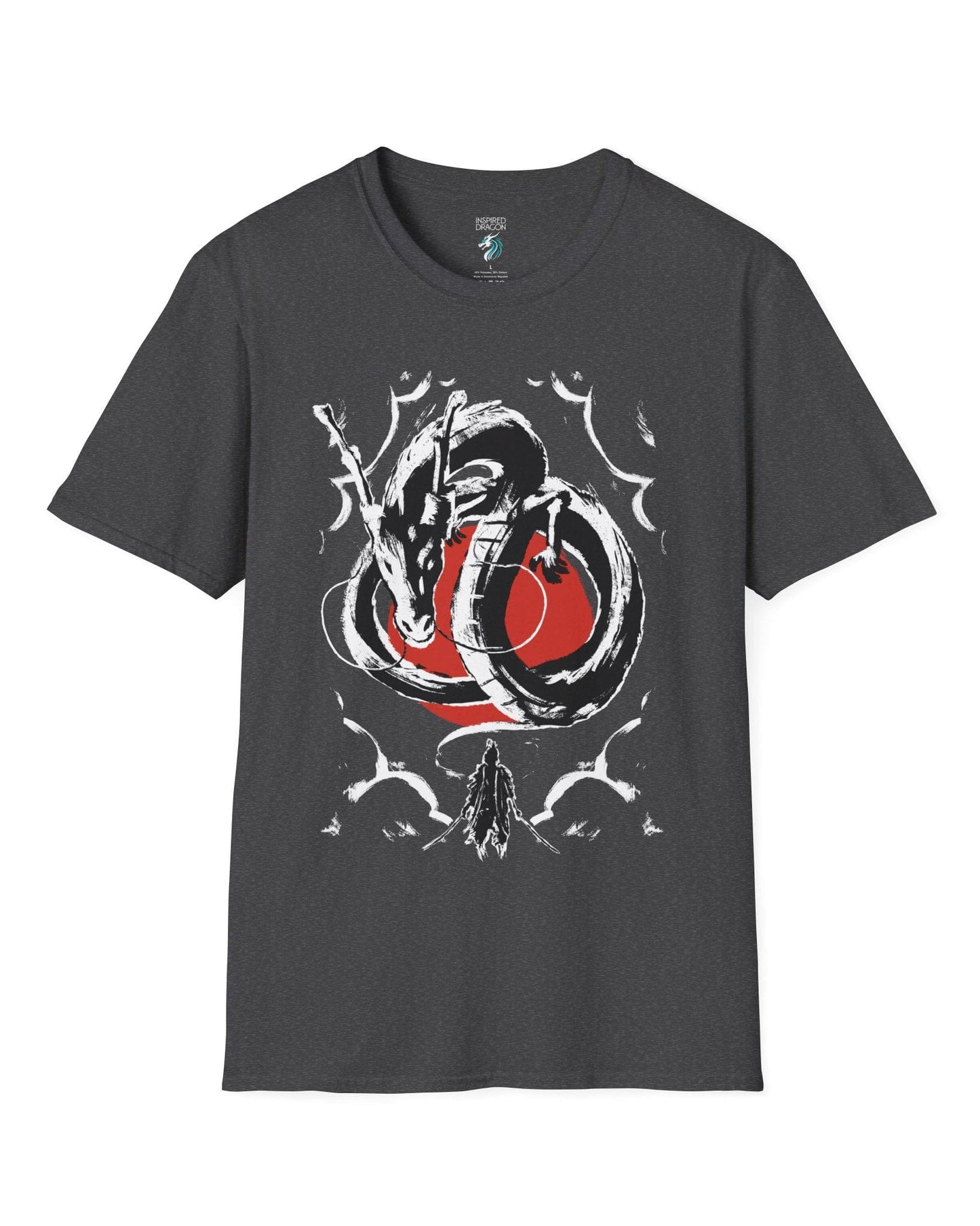 Honor and Resolve shirt in dark heather grey, featuring a bold ink-style dragon above a warrior with a red sun backdrop.