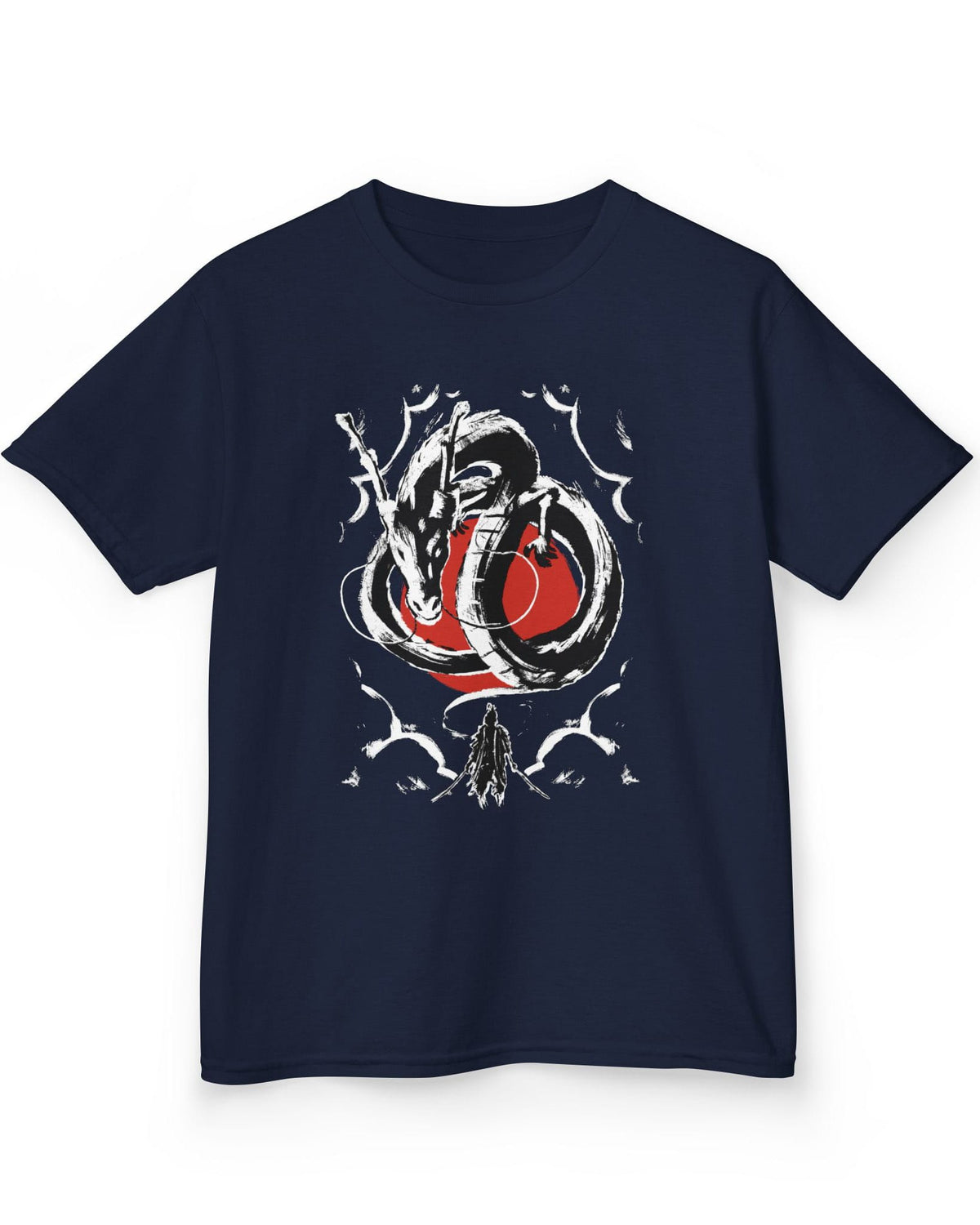 Honor and Resolve shirt in navy featuring a bold ink-style dragon above a warrior with a red sun backdrop