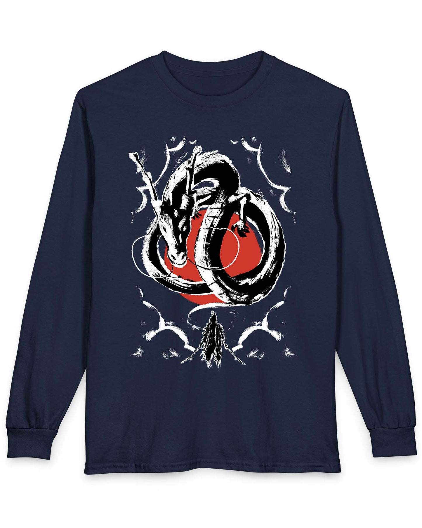 Honor and Resolve shirt in navy featuring a bold ink-style dragon above a warrior with a red sun backdrop